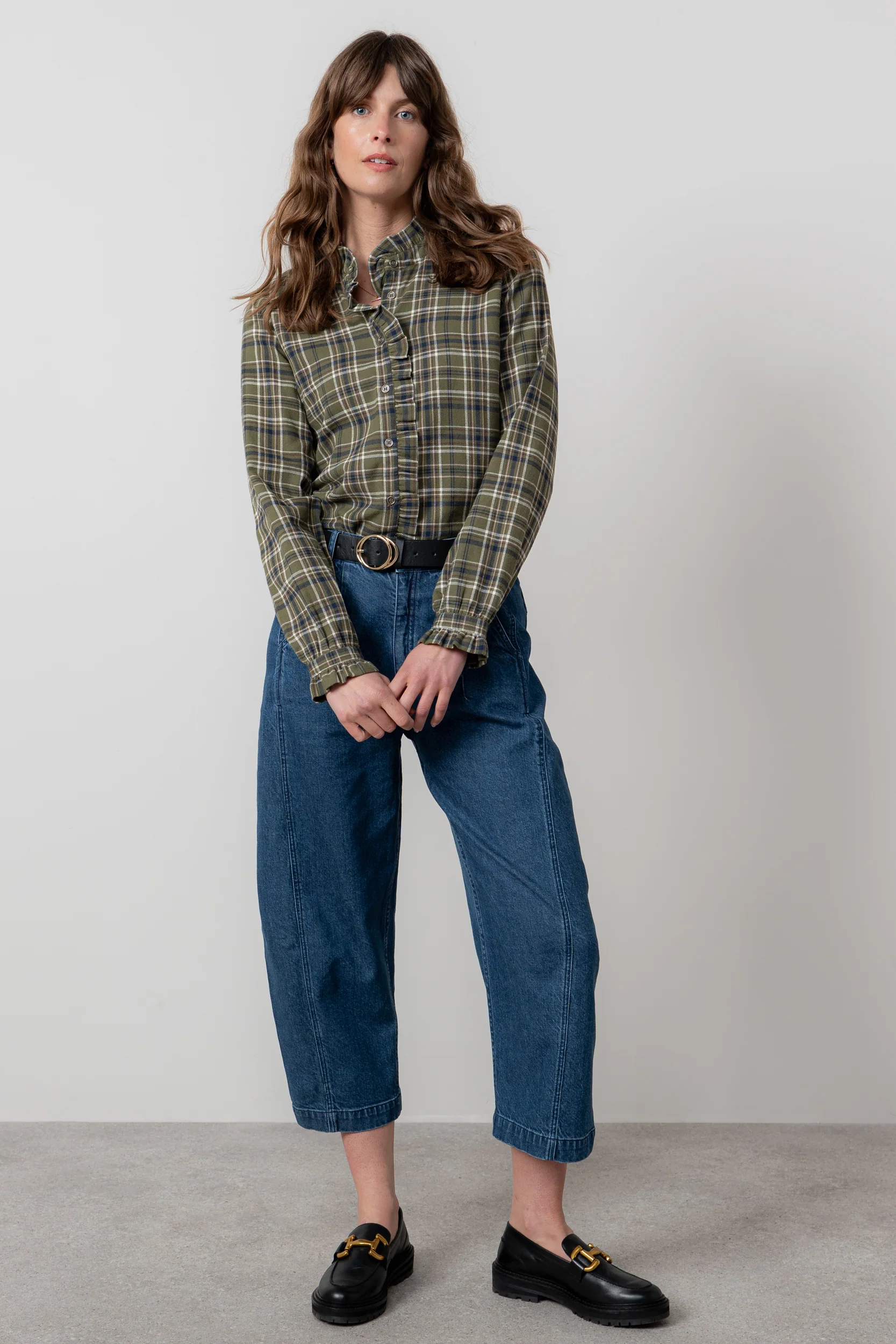 Sage Frill Organic Brushed Cotton Checked Blouse Multi - Image 3