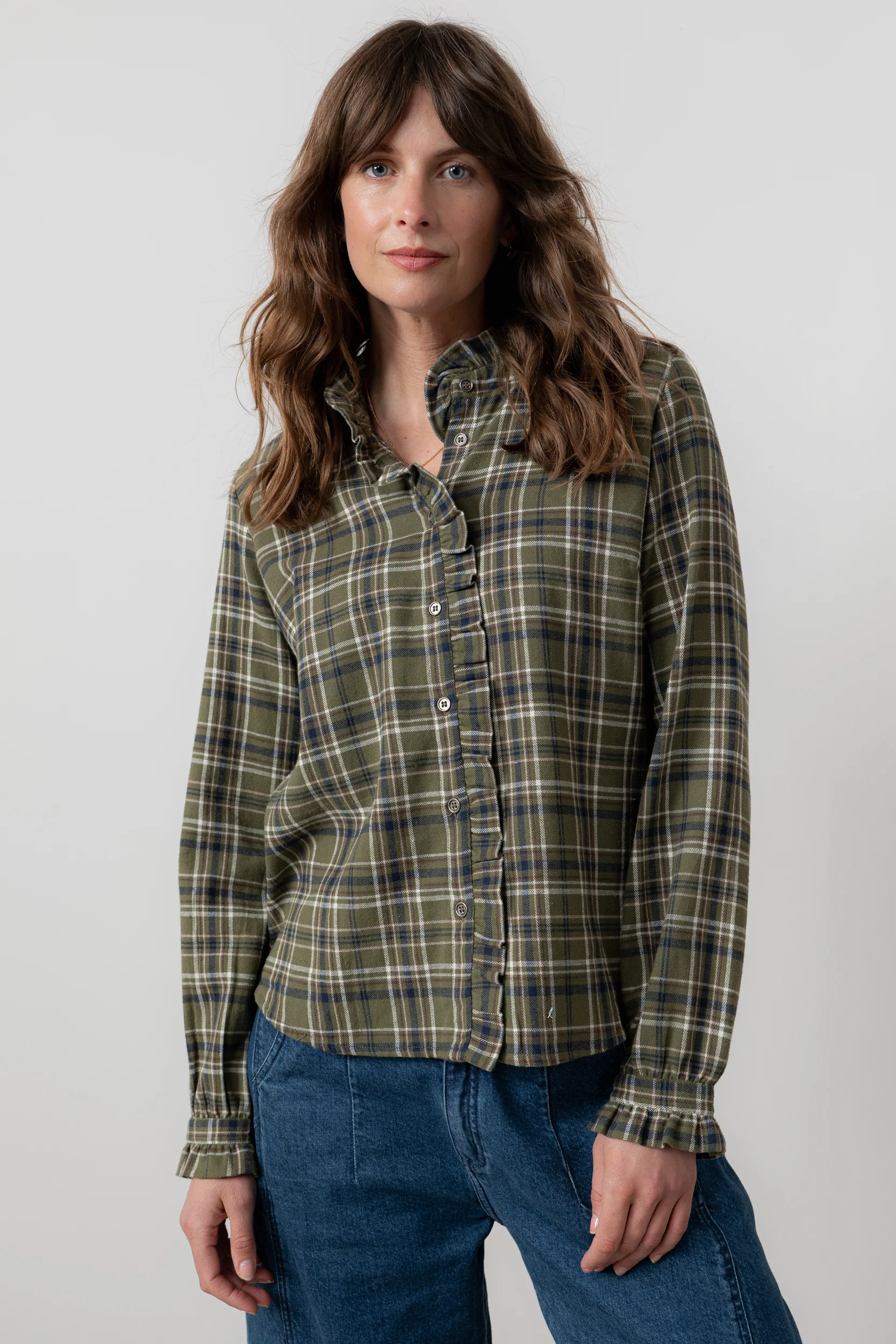 Sage Frill Organic Brushed Cotton Checked Blouse Multi - Image 6