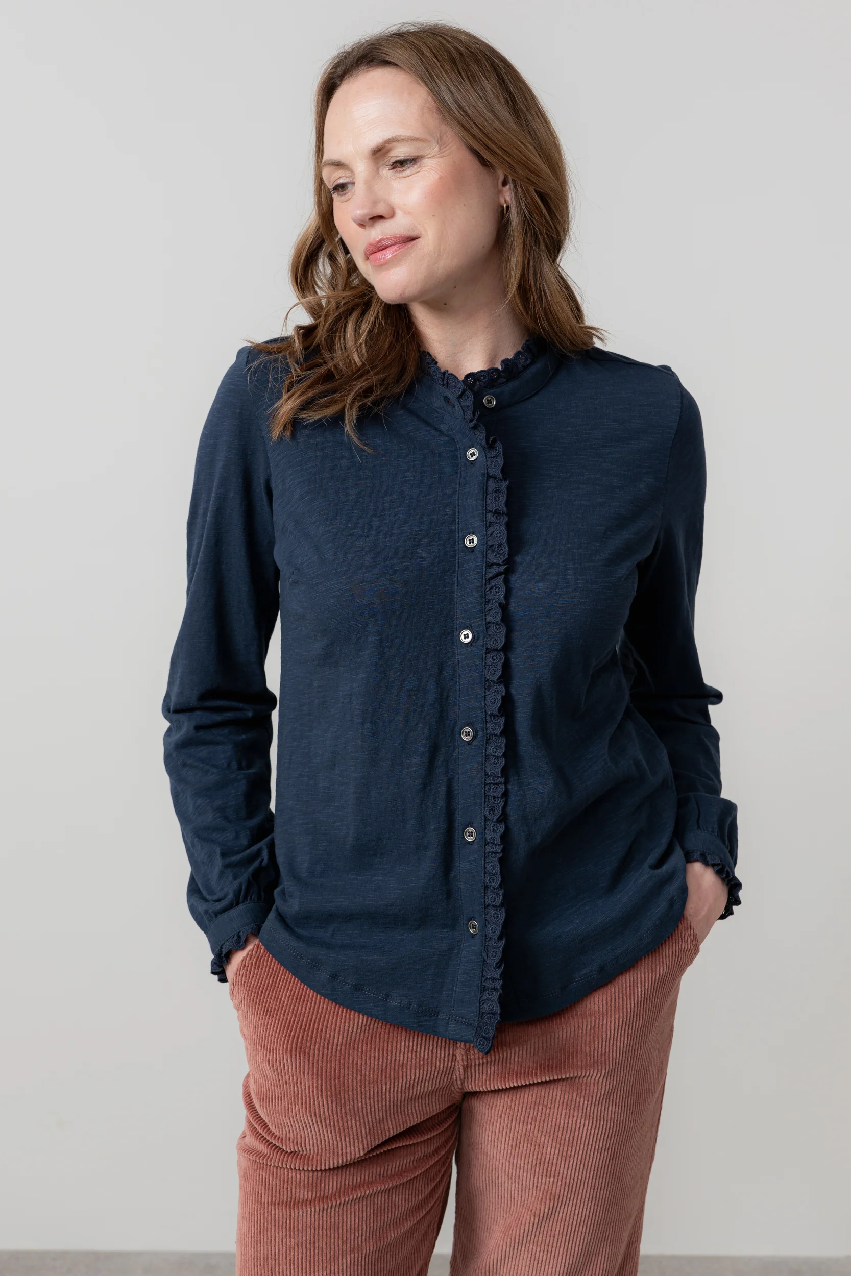 Sage Frill Organic Cotton Blouse Navy - Image 3