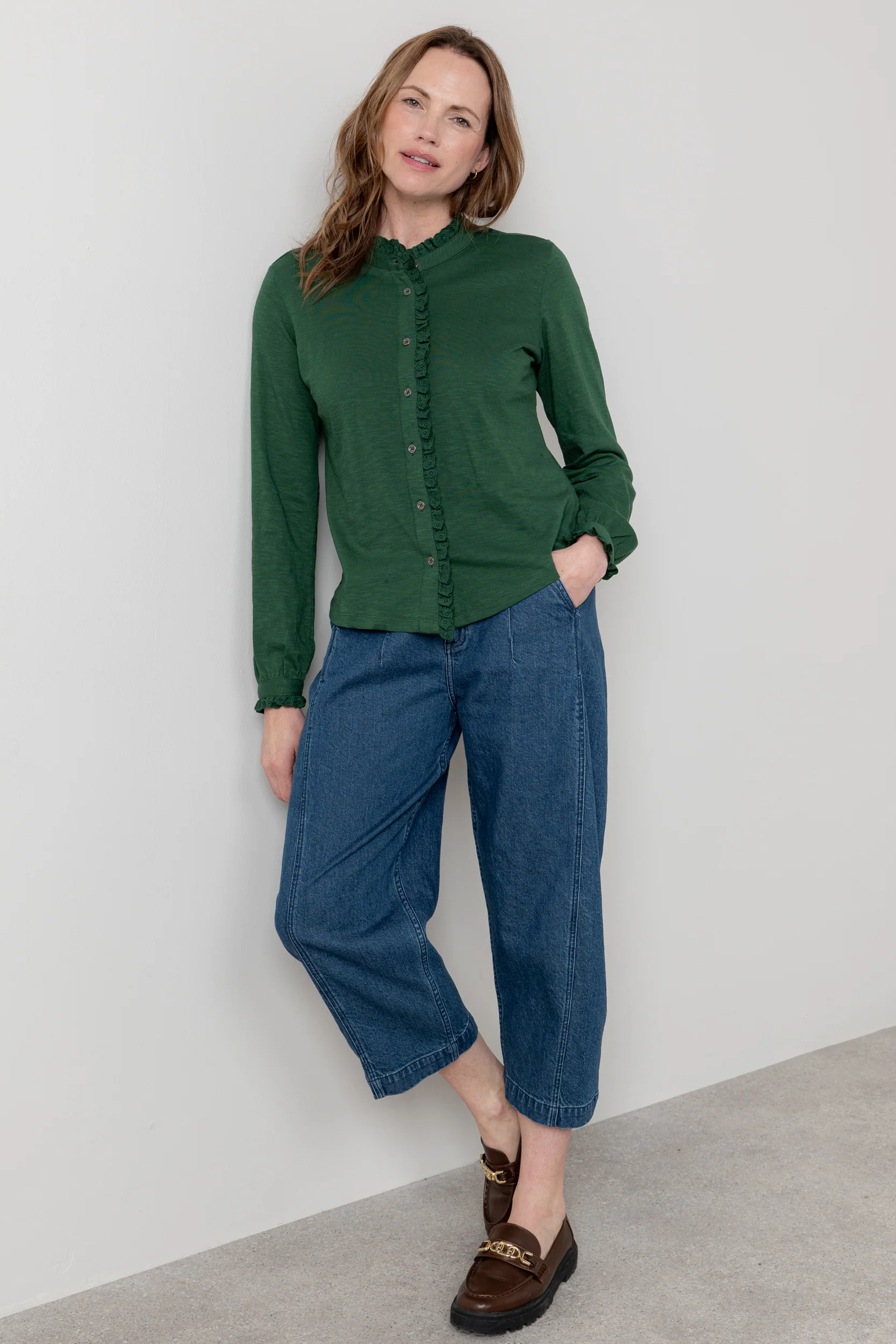 Sage Frill Organic Cotton Blouse Pine Green - Image 8