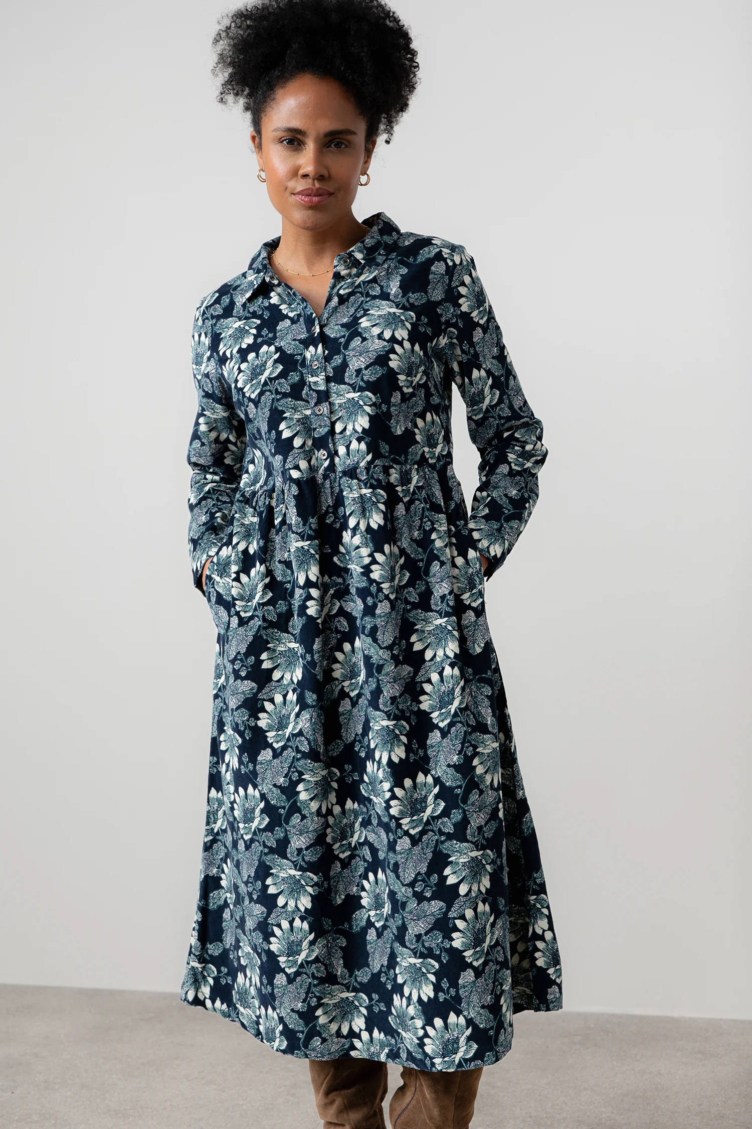 Seasons Cotton Pincord Midi Shirt Dress Navy - Image 3