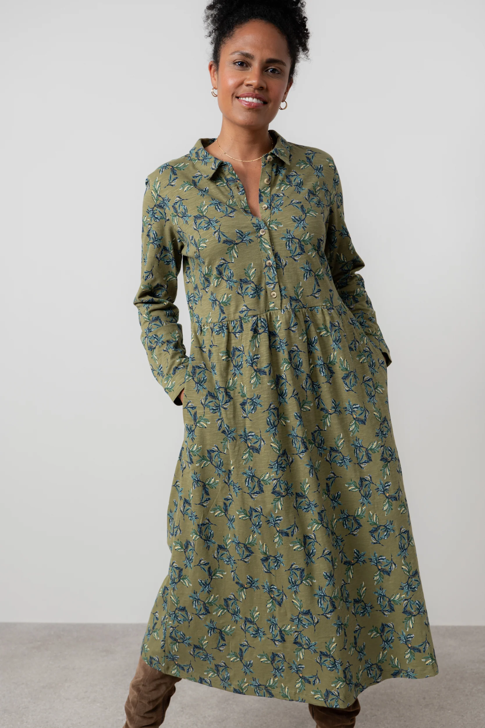 Seasons Organic Cotton Midi Shirt Dress Green