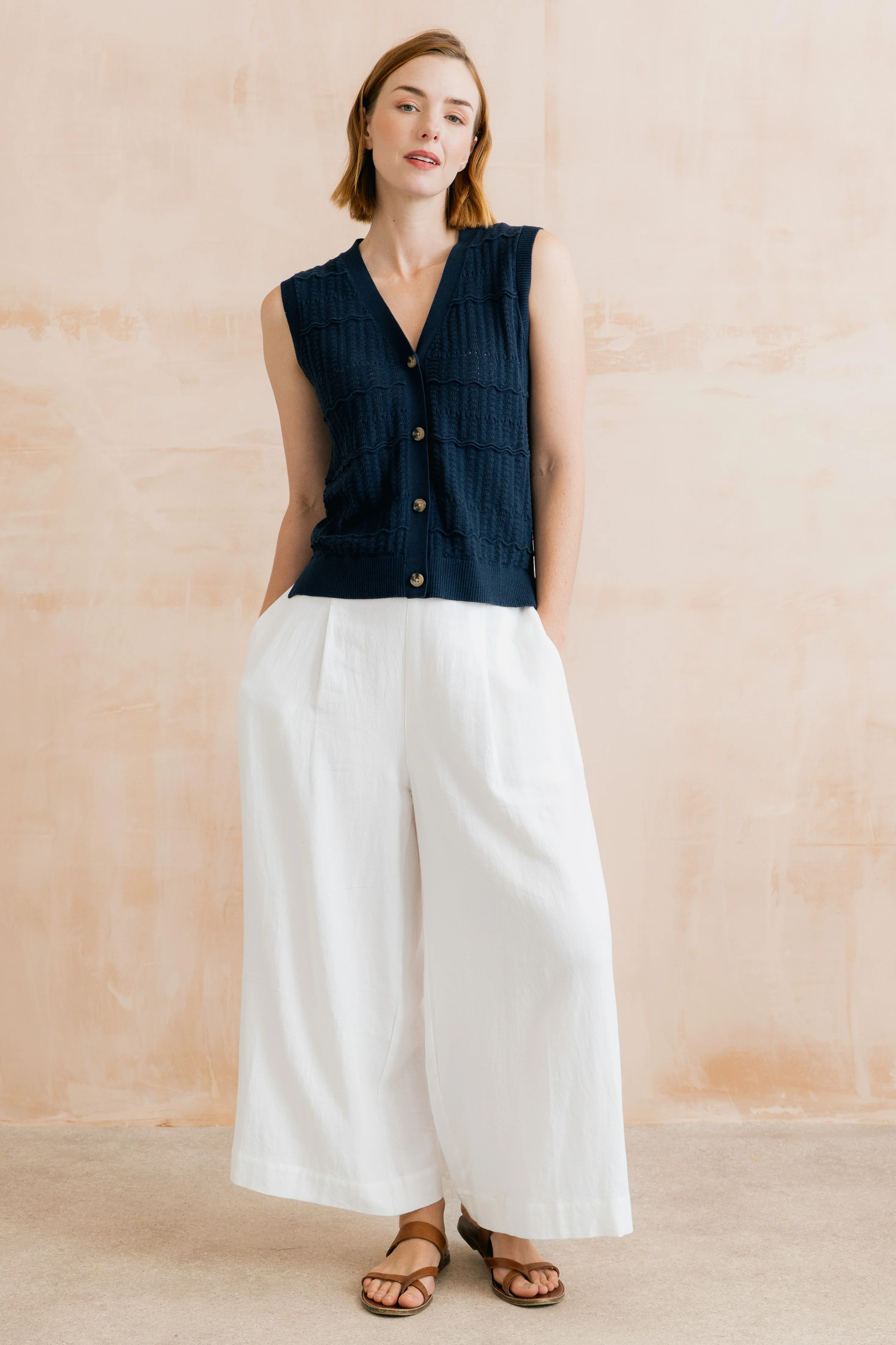 Sophie Pointelle Knit Sleeveless Waistcoat Navy - Image 2