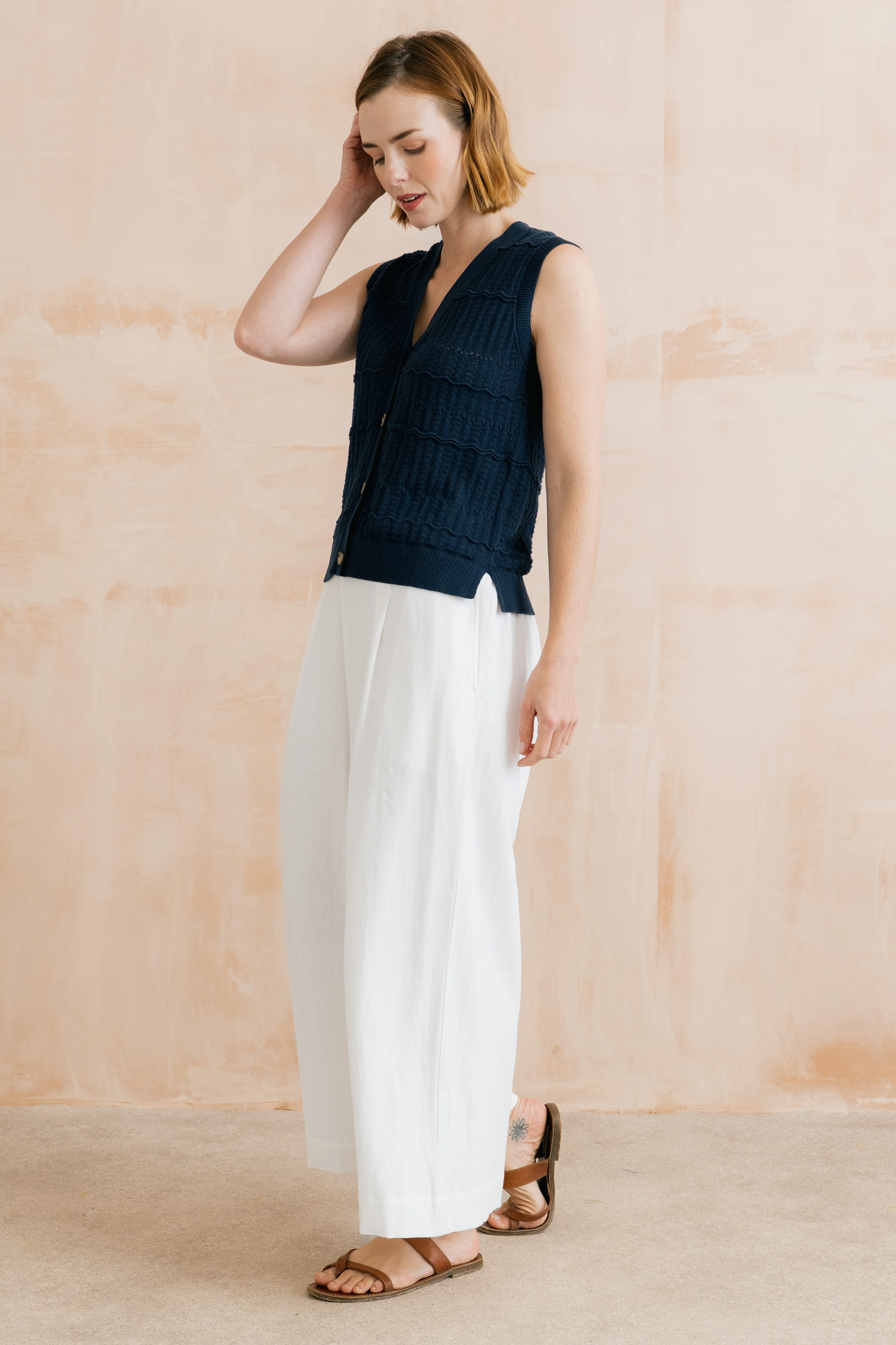 Sophie Pointelle Knit Sleeveless Waistcoat Navy - Image 3