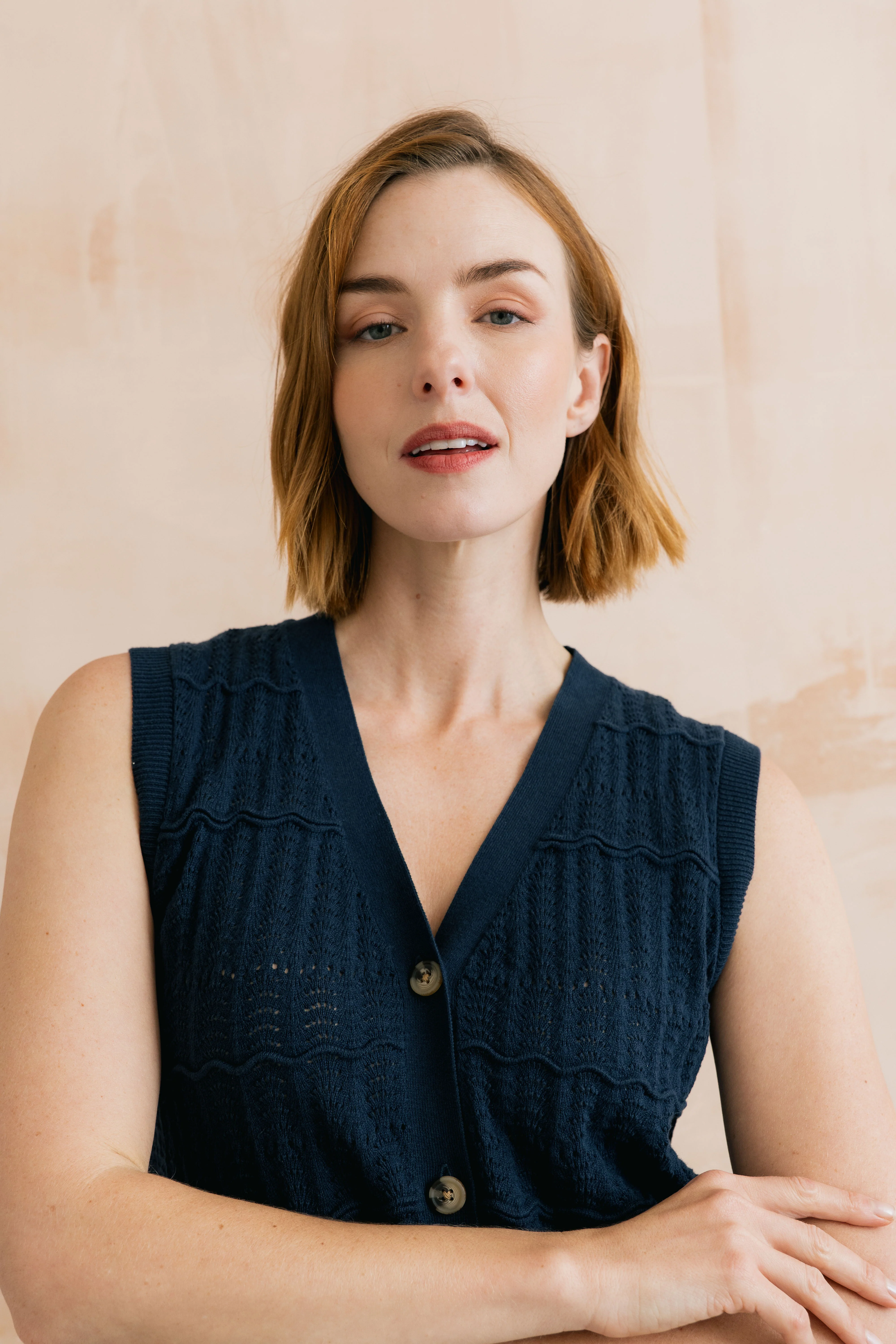 Sophie Pointelle Knit Sleeveless Waistcoat Navy - Image 4