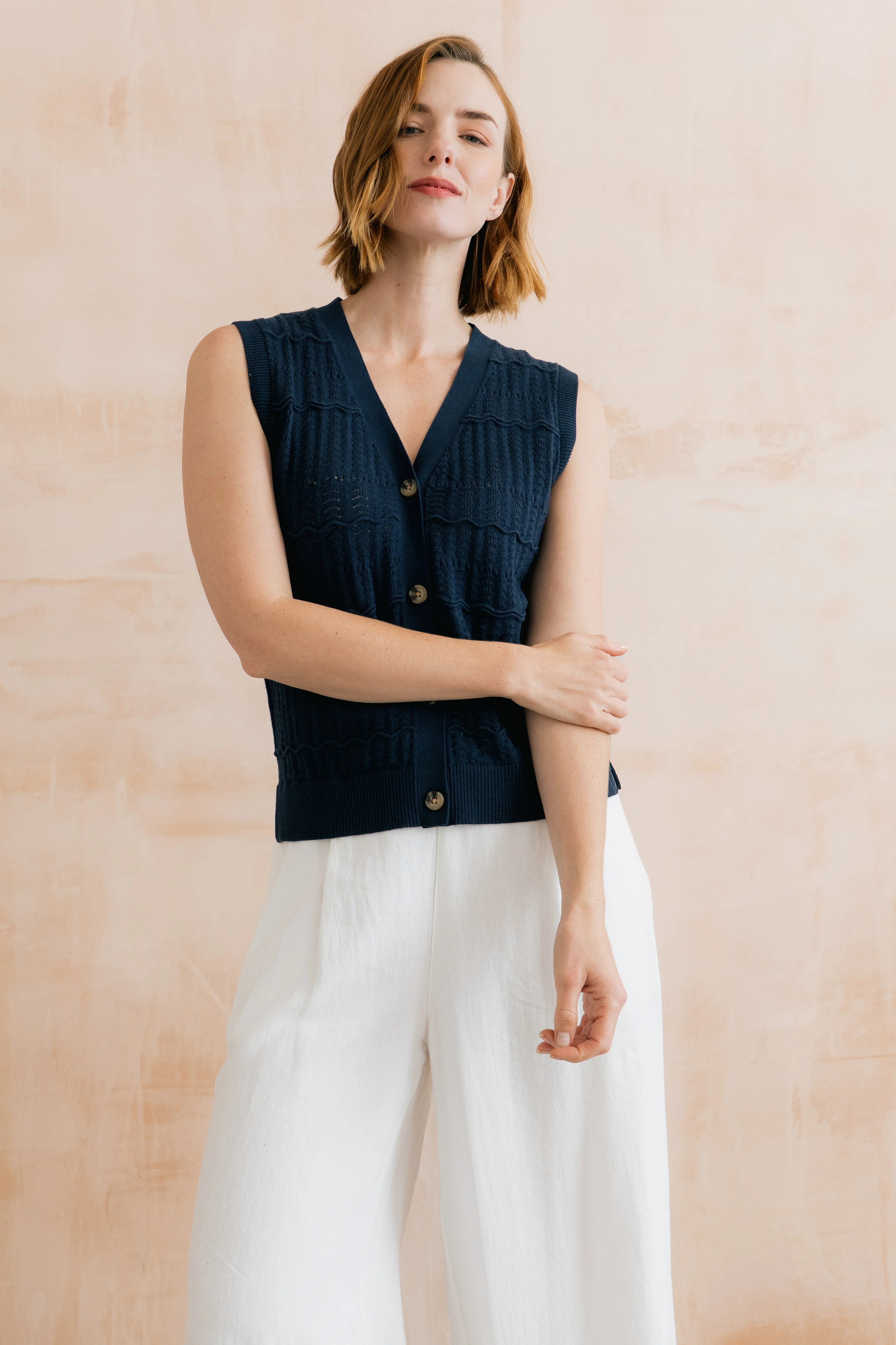 Sophie Pointelle Knit Sleeveless Waistcoat Navy - Image 5