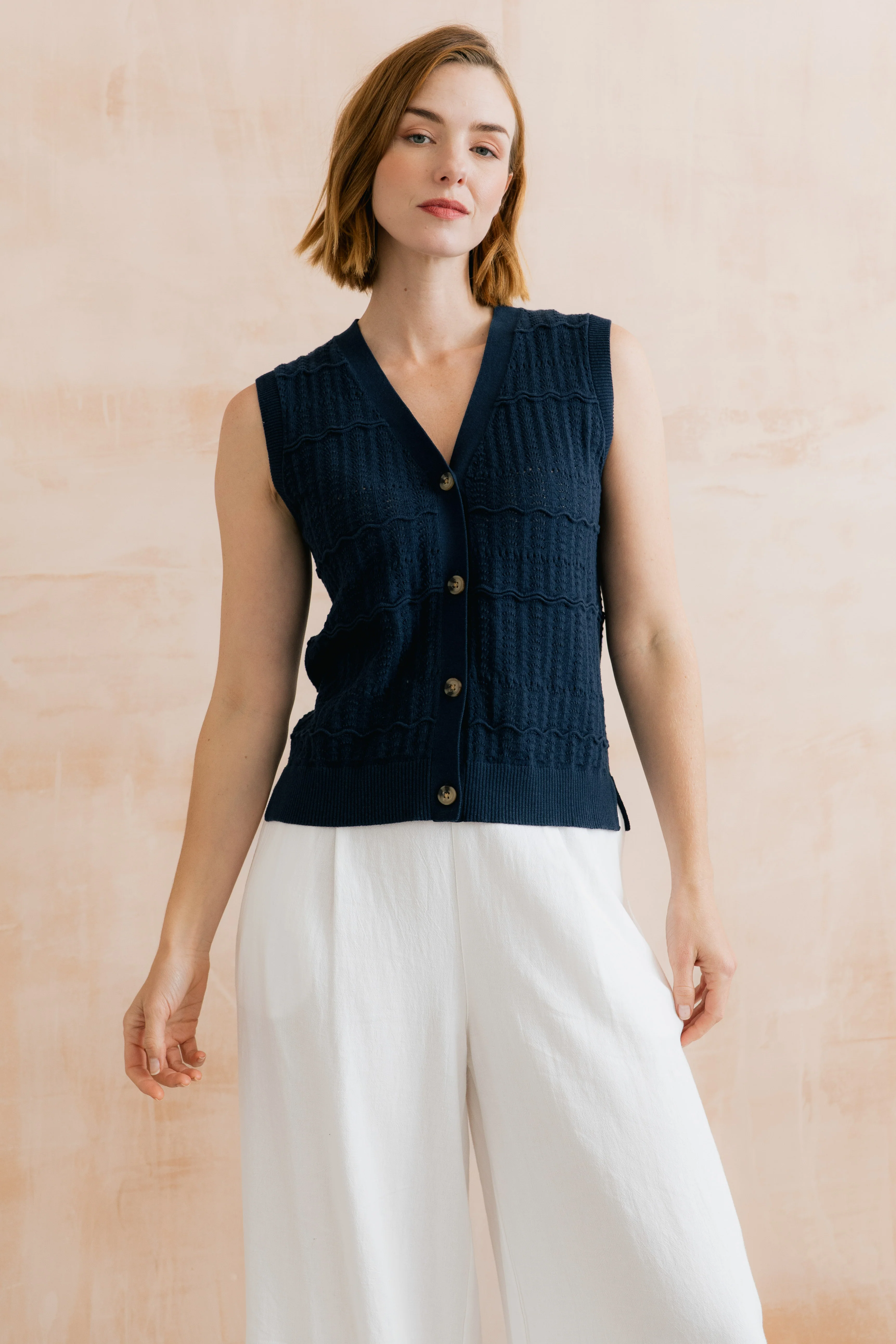 Sophie Pointelle Knit Sleeveless Waistcoat Navy - Image 6