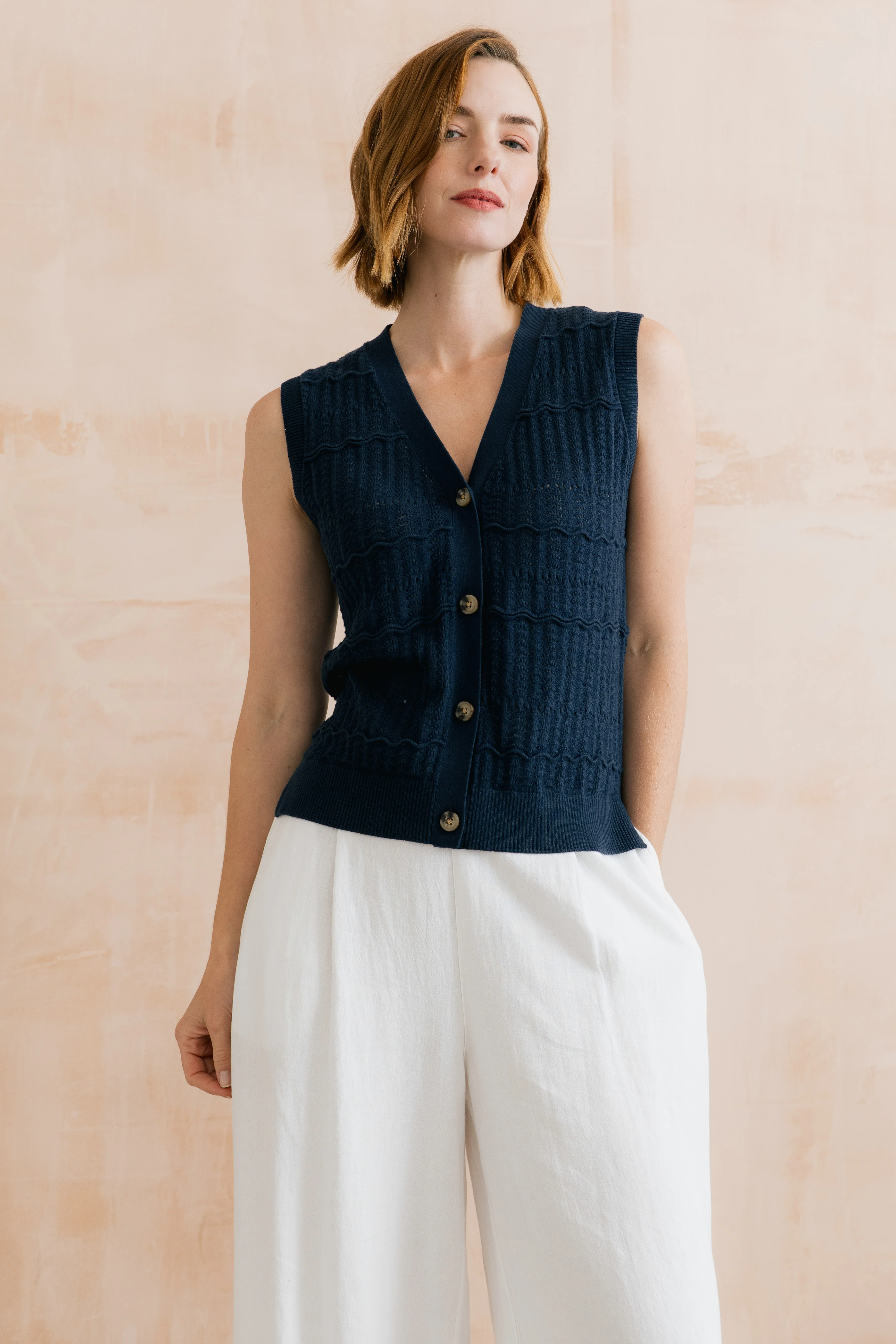 Sophie Pointelle Knit Sleeveless Waistcoat Navy - Image 7