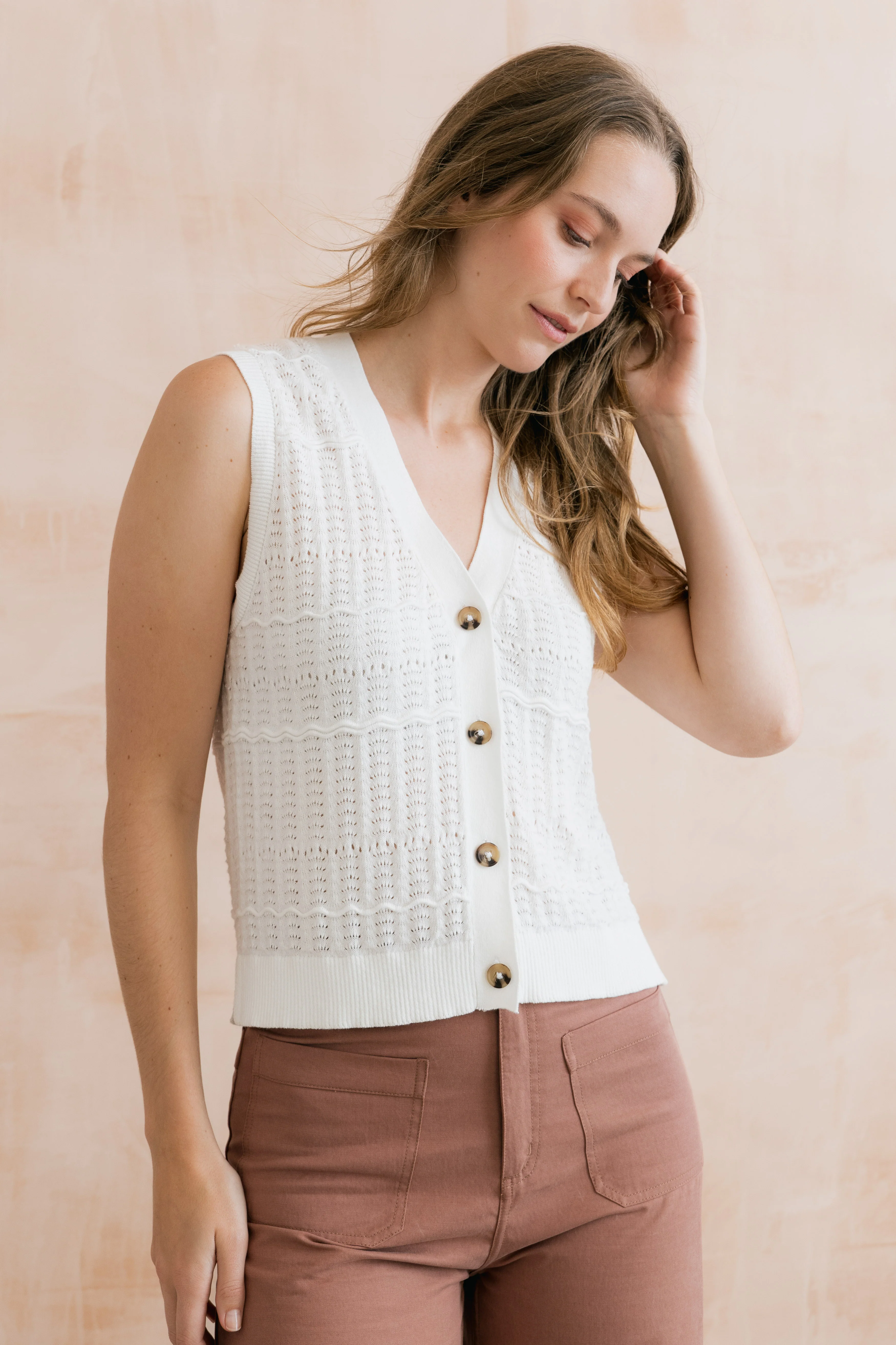 Sophie Pointelle Knit Sleeveless Waistcoat White