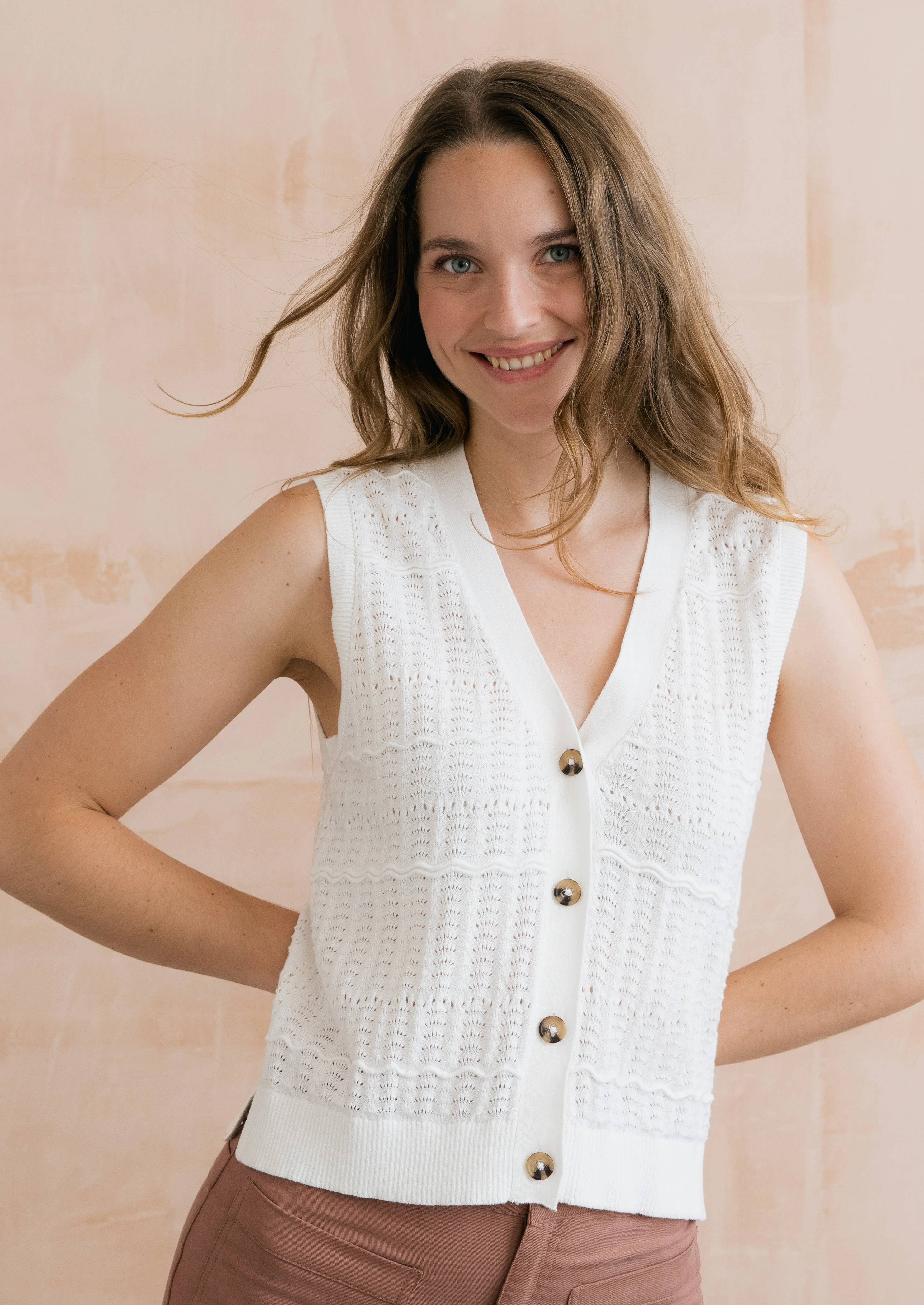 Sophie Pointelle Knit Sleeveless Waistcoat White - Image 3