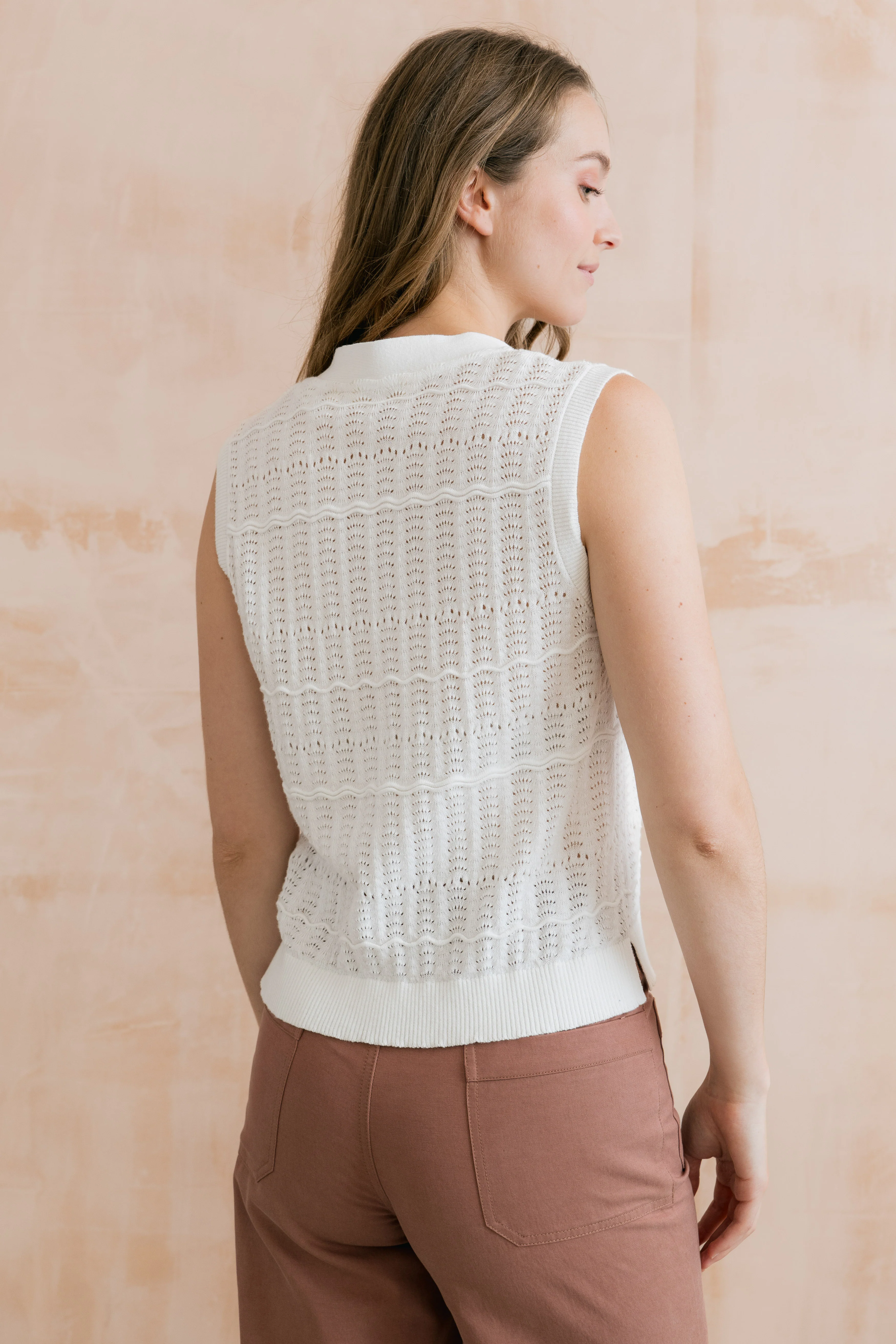 Sophie Pointelle Knit Sleeveless Waistcoat White - Image 4