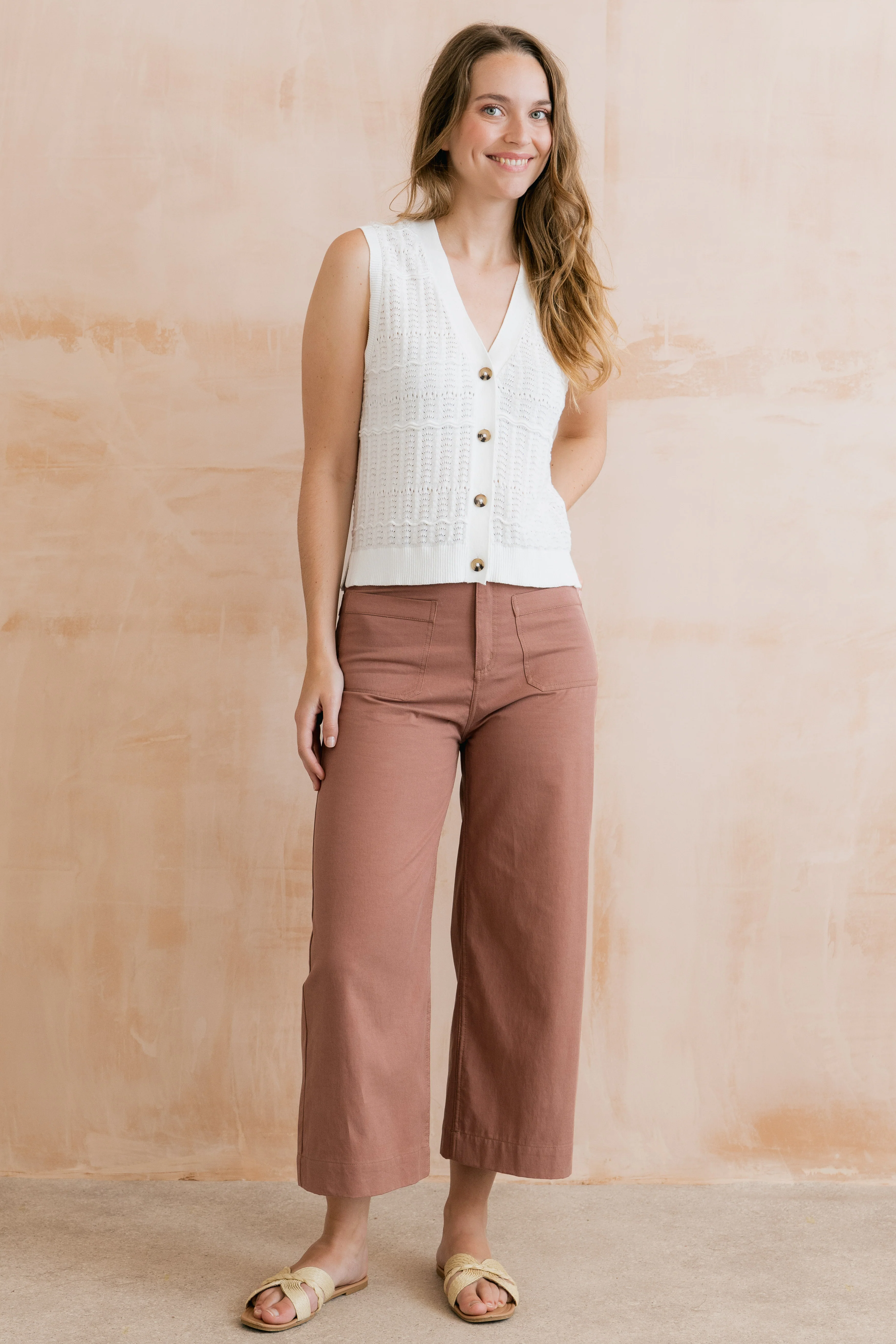Sophie Pointelle Knit Sleeveless Waistcoat White - Image 7