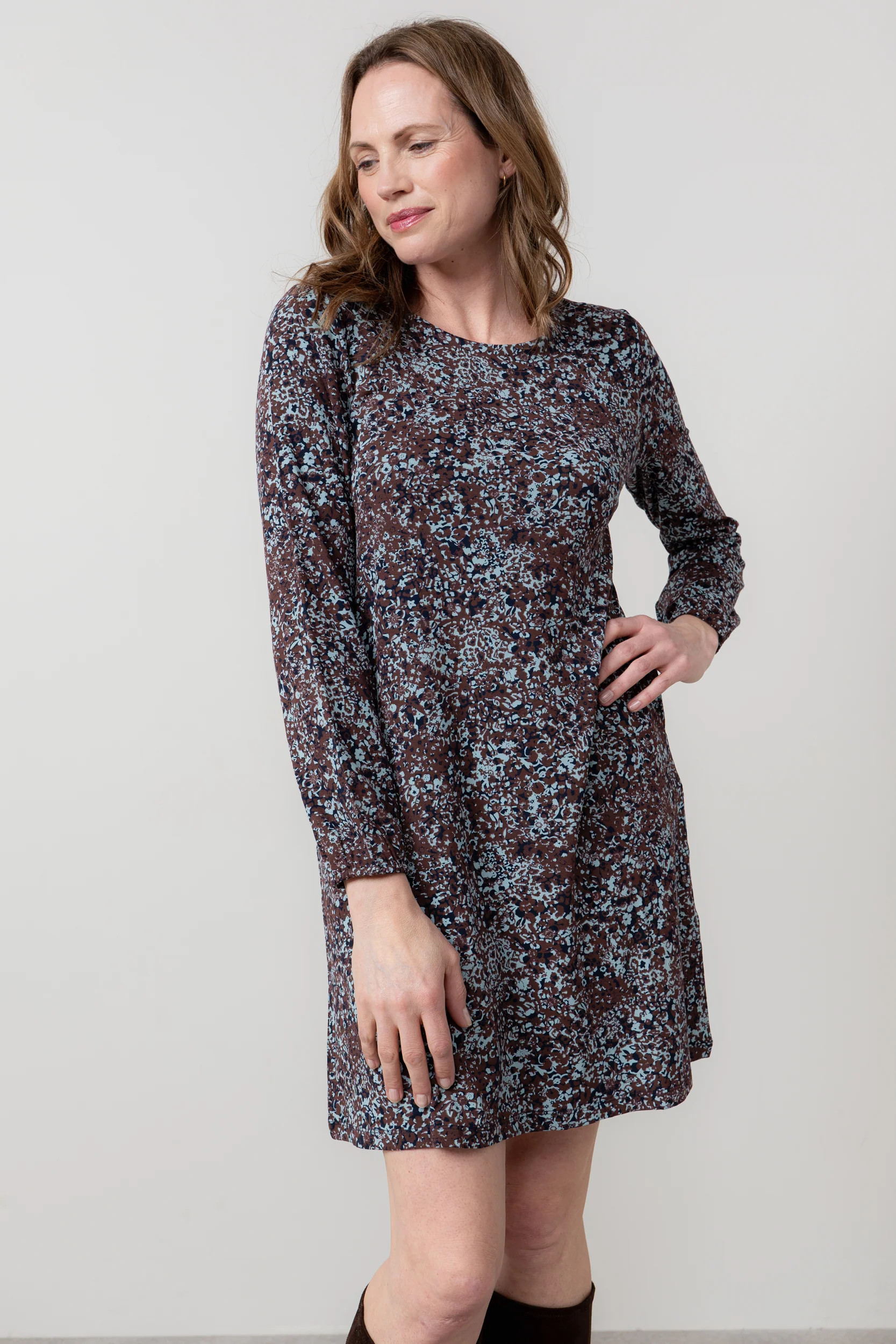 Spruce Floral Print Swing Dress Chocolate - Image 3