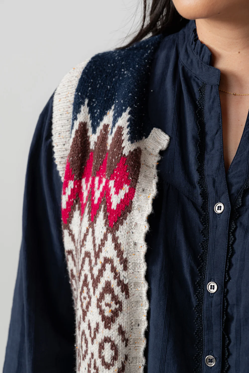 Suvi Fair Isle Knitted Waistcoat Chocolate - Image 6