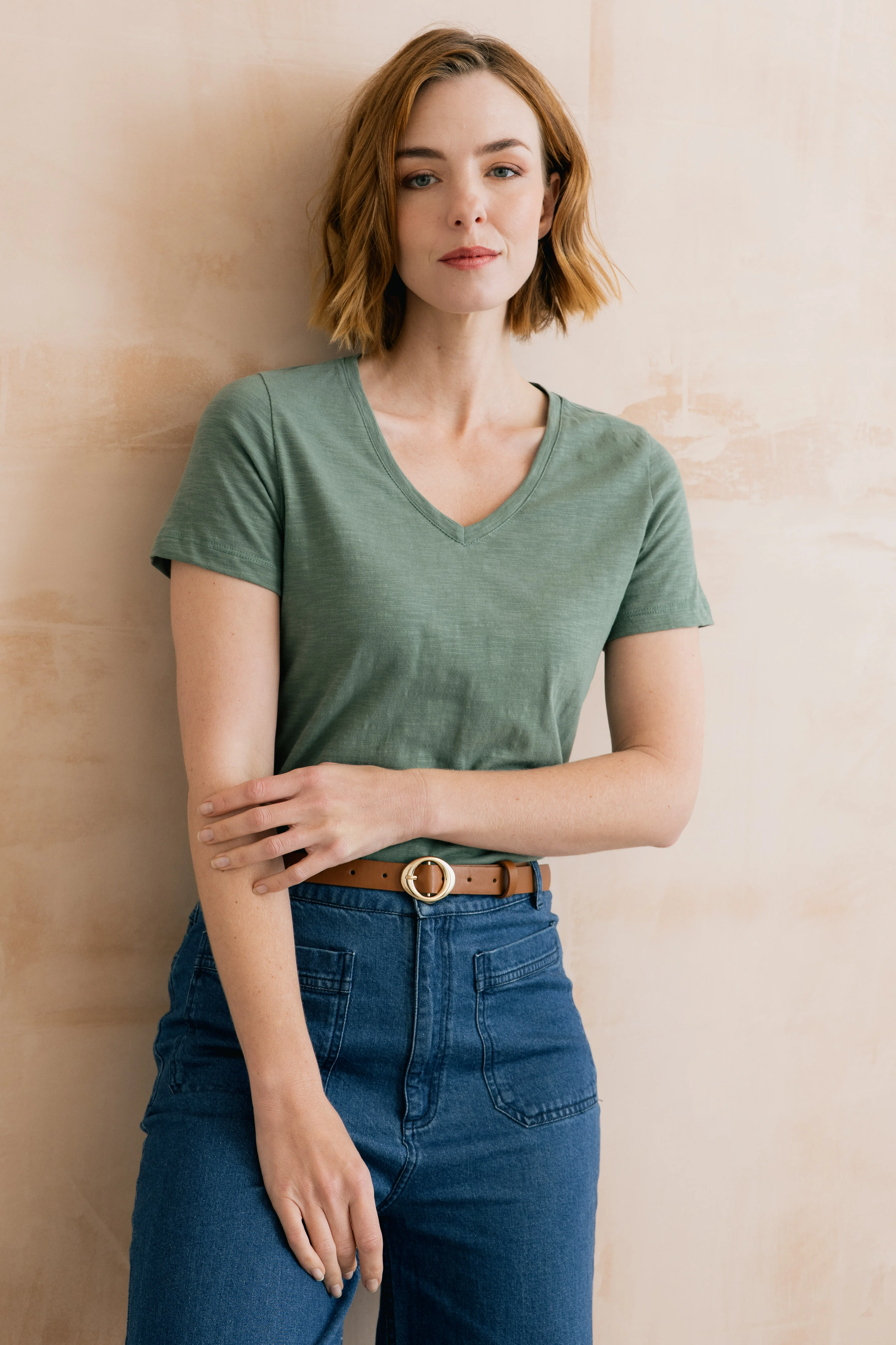 Victoria Organic Cotton V-Neck T-Shirt Laurel Green - Image 2
