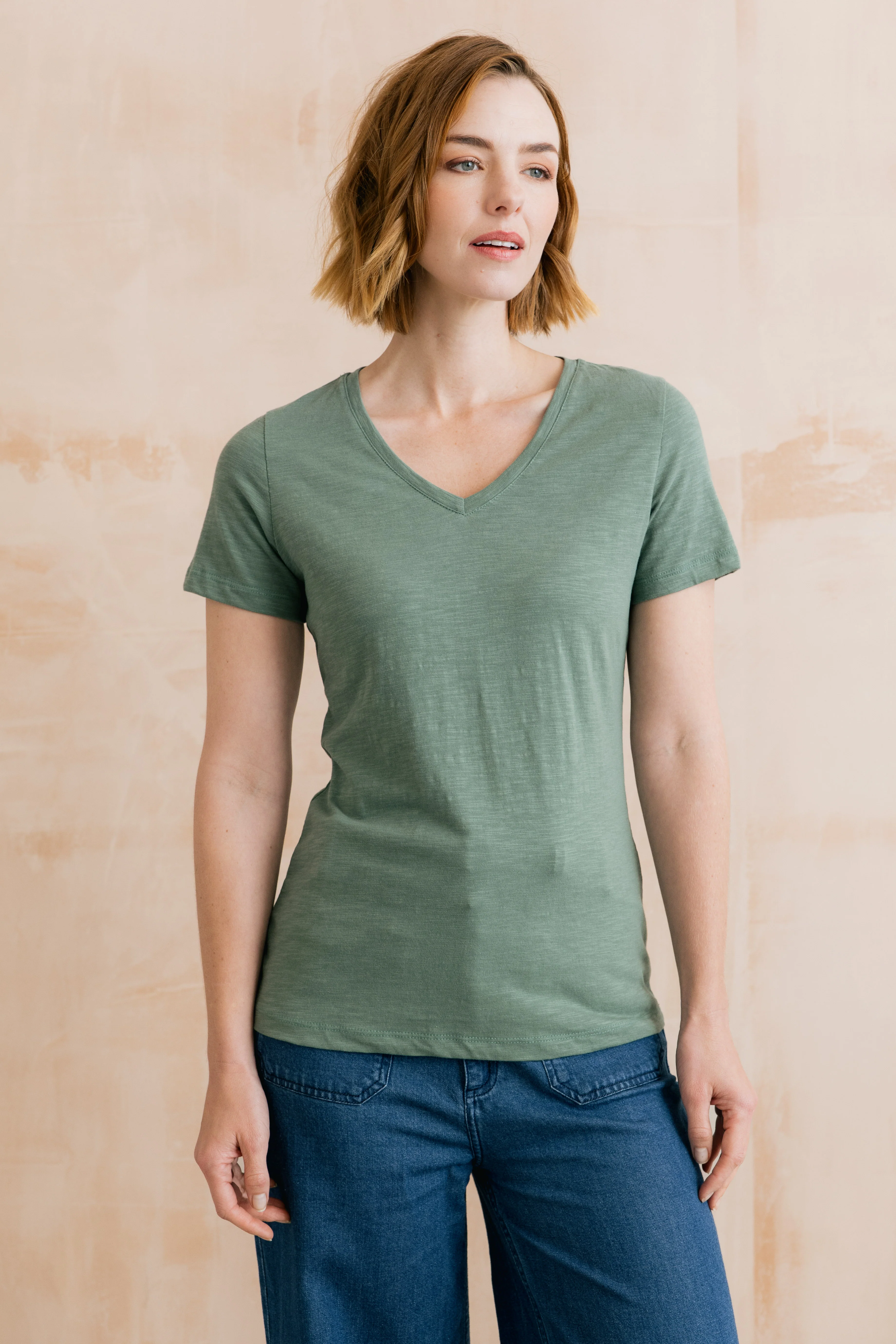 Victoria Organic Cotton V-Neck T-Shirt Laurel Green - Image 6