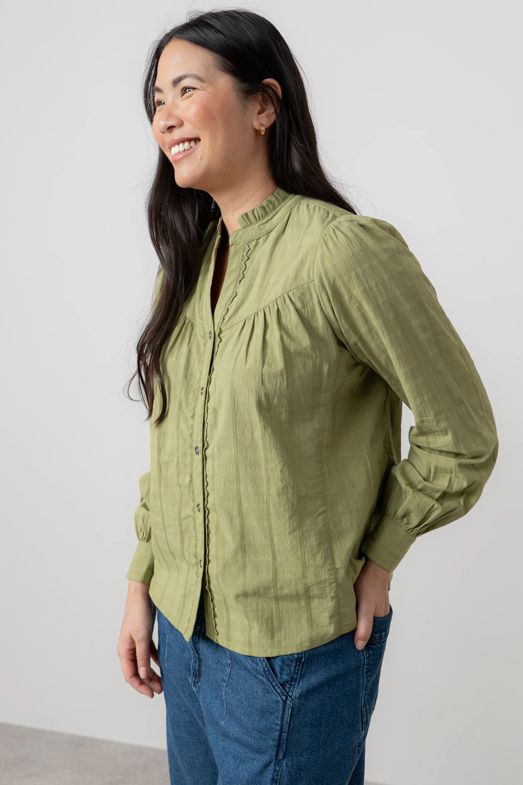 Wayfaring Cotton Check Blouse Moss - Image 2