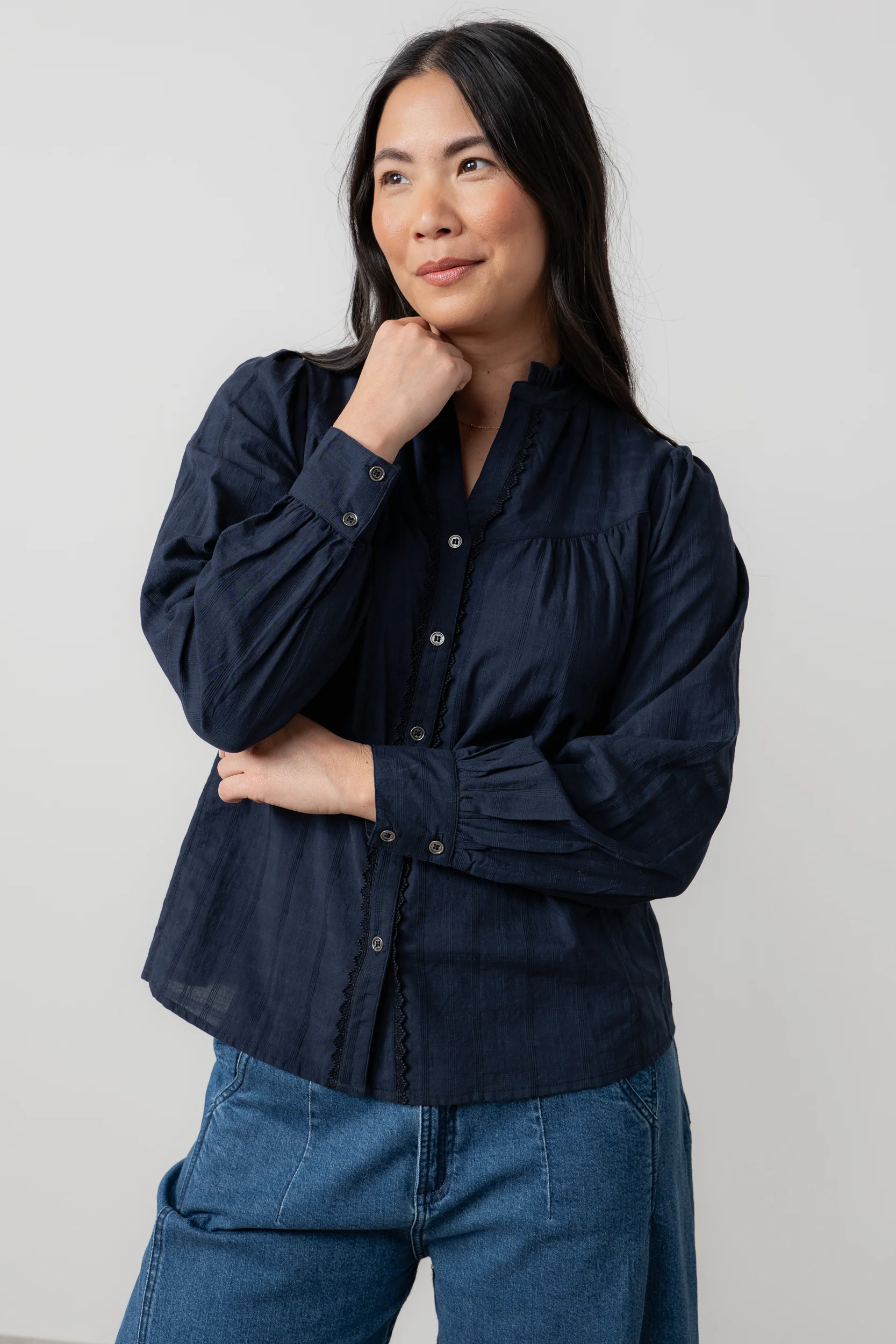 Wayfaring Cotton Check Blouse Navy - Image 2