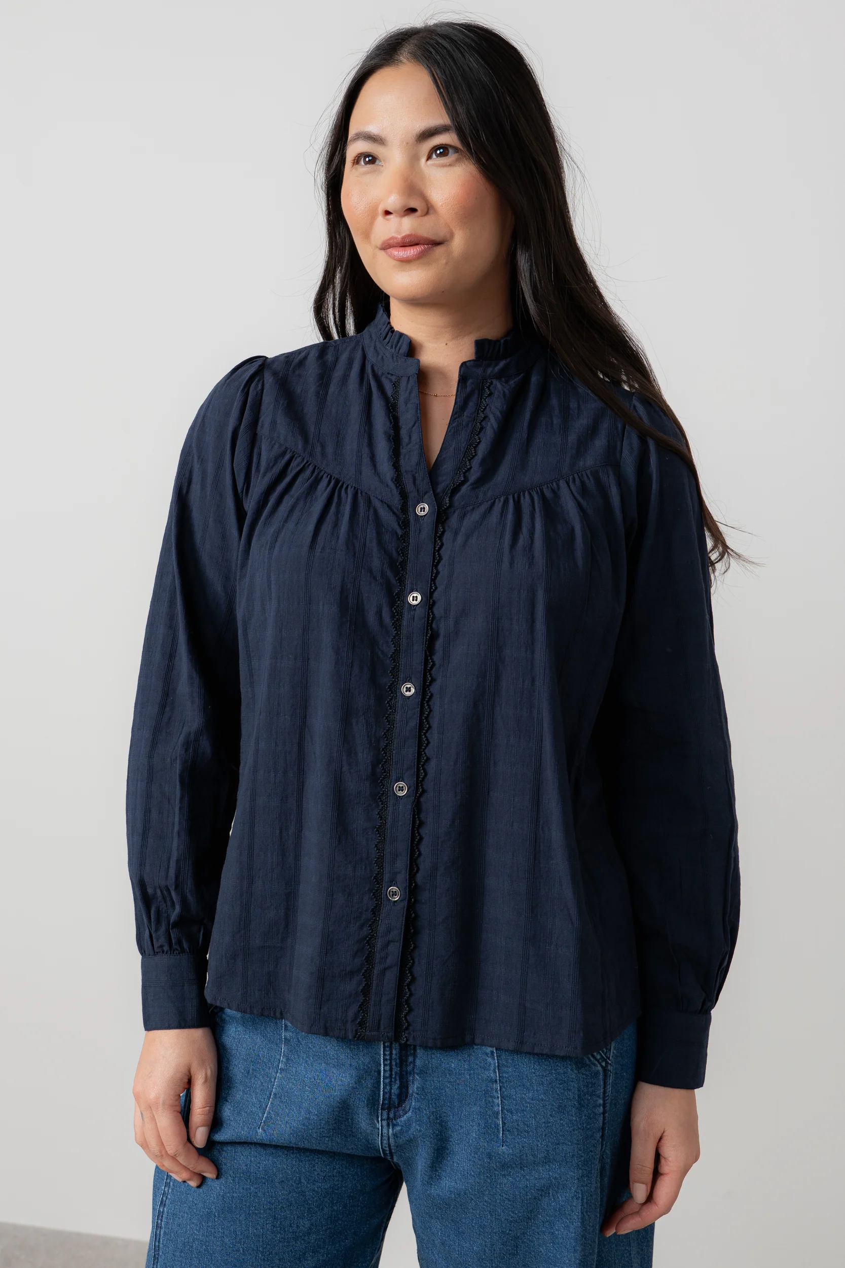 Wayfaring Cotton Check Blouse Navy - Image 5