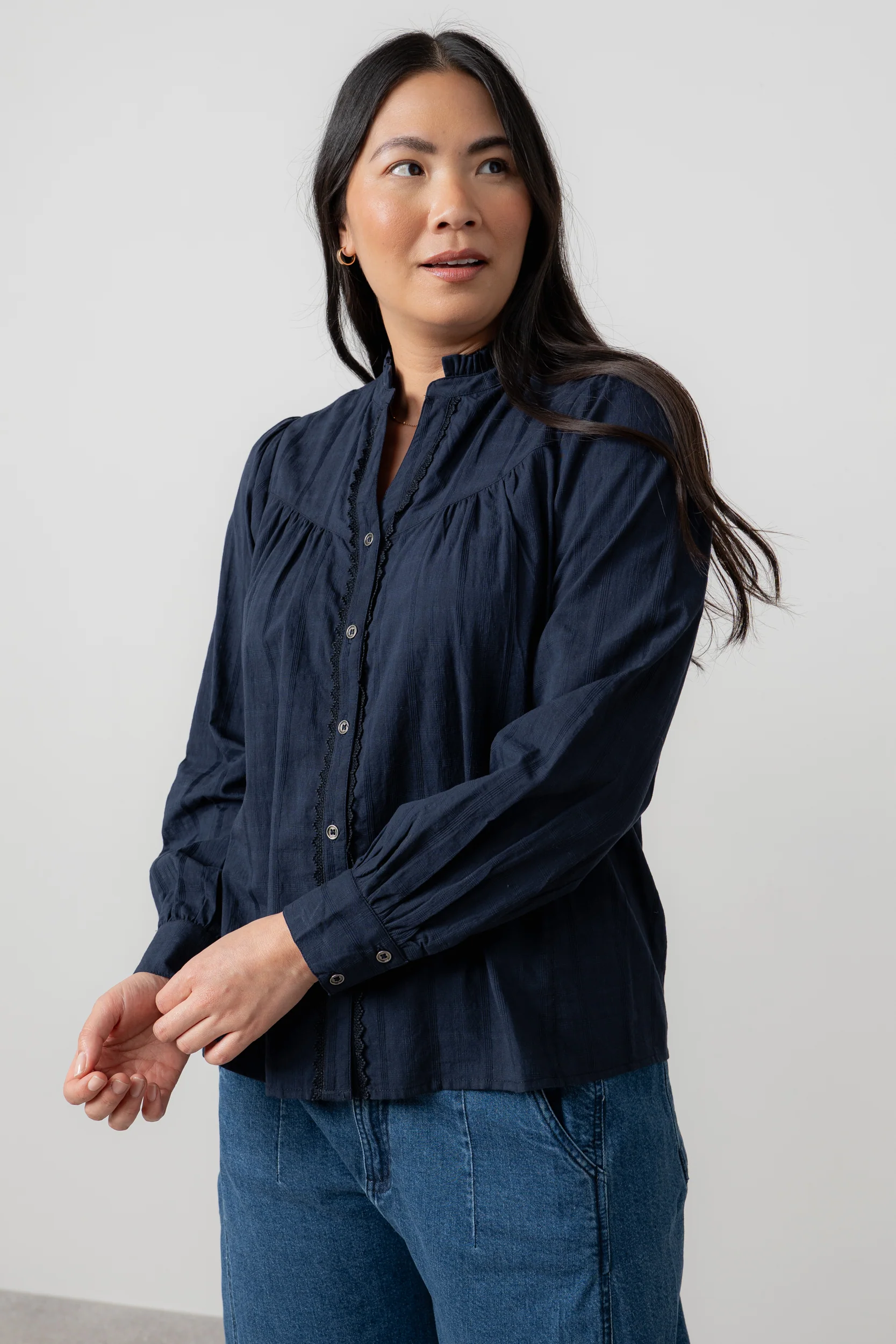 Wayfaring Cotton Check Blouse Navy - Image 6