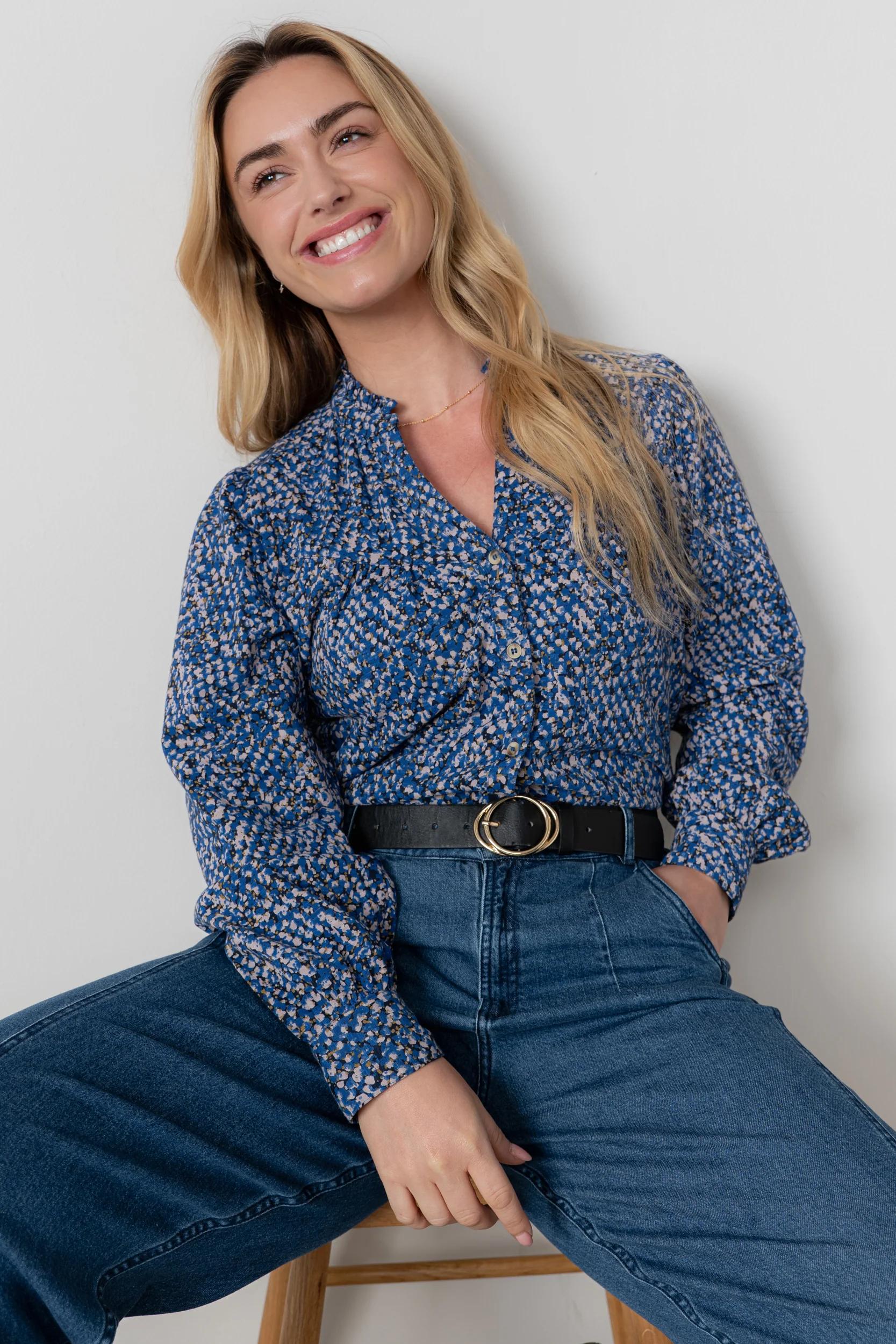 Wayfaring Ditsy Print Cotton Blouse Cobalt - Image 2