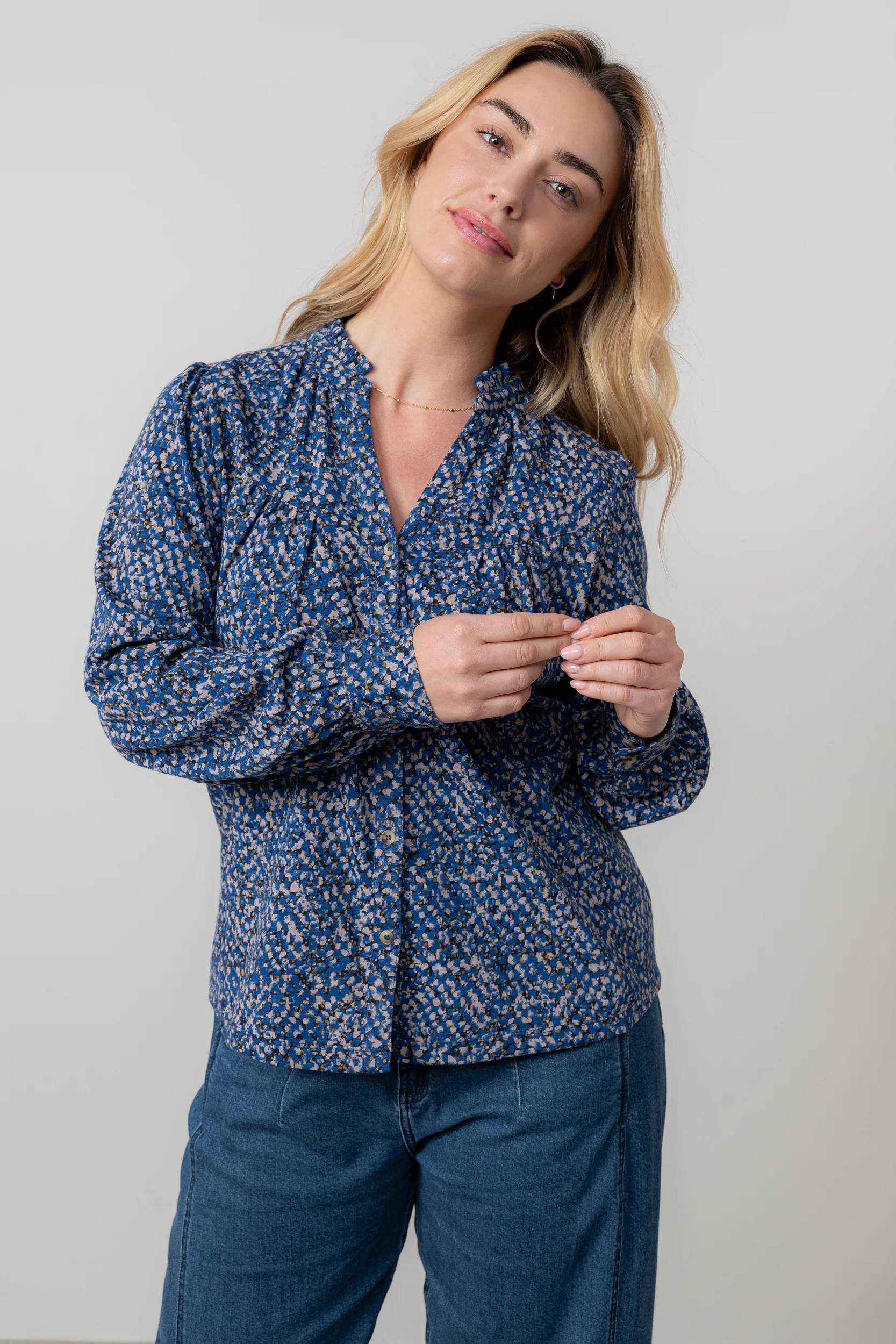 Wayfaring Ditsy Print Cotton Blouse Cobalt - Image 3