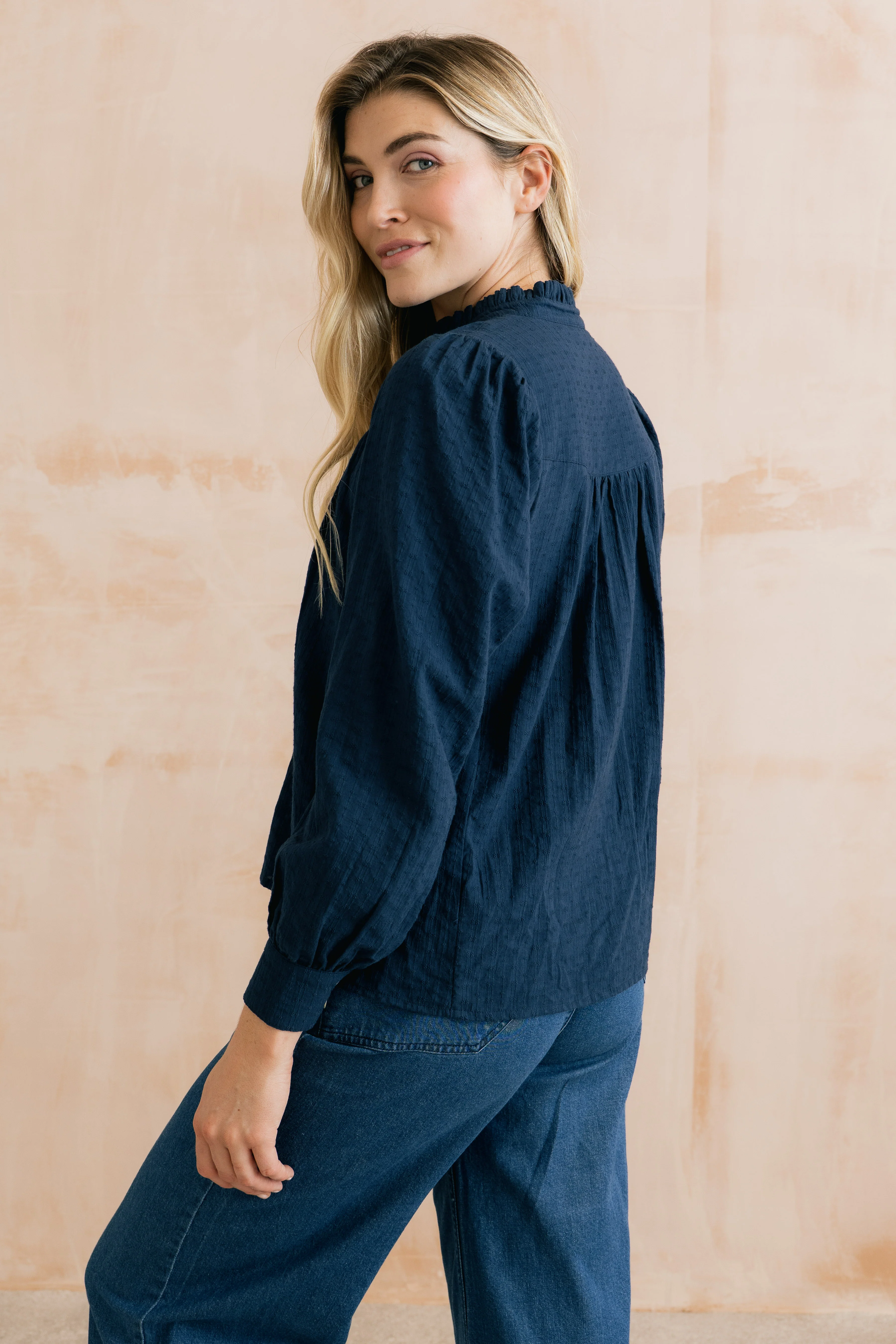 Wayfaring Embroidered Cotton Blouse Navy - Image 4