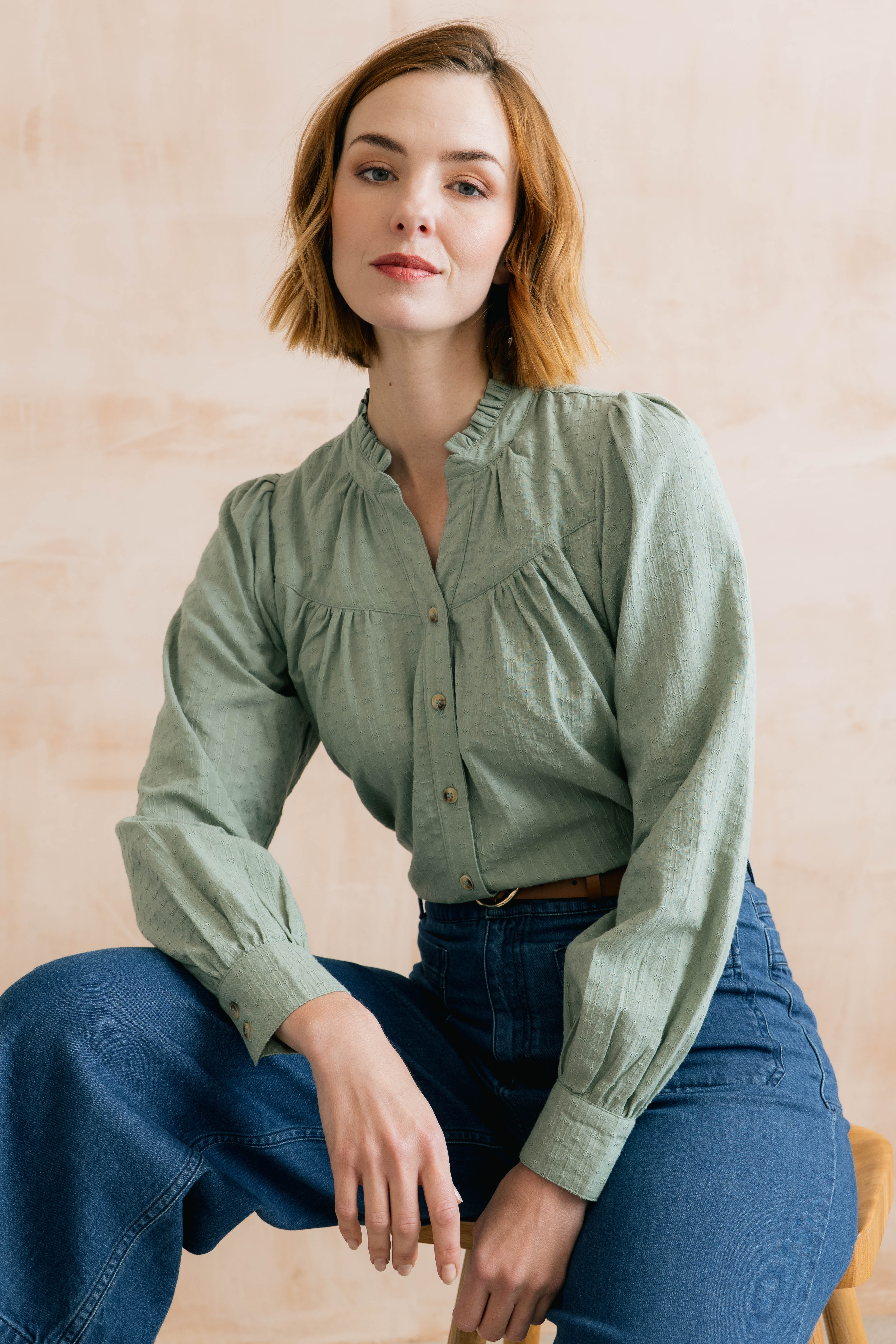 Wayfaring Embroidered Cotton Blouse Silver Sage - Image 2