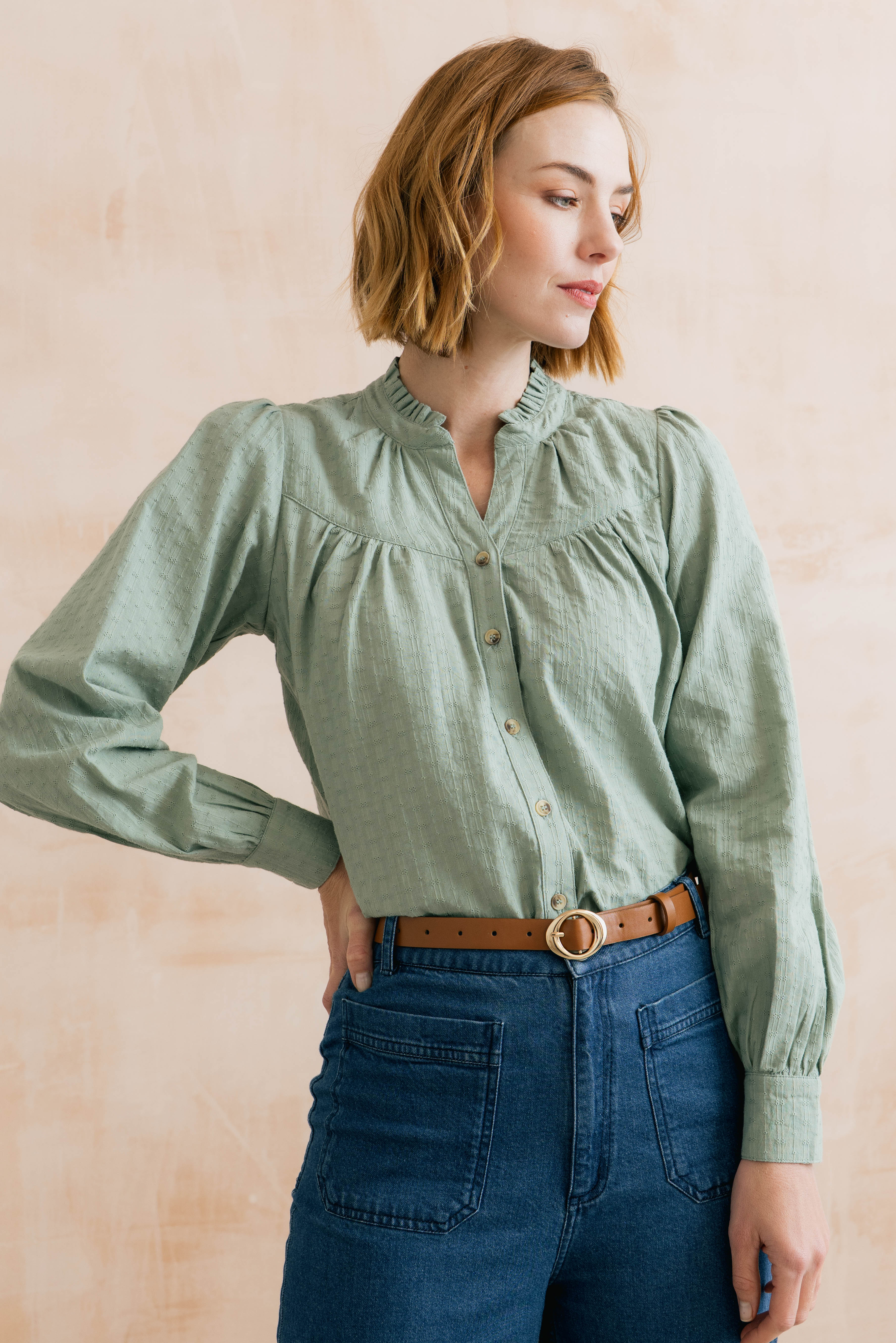 Wayfaring Embroidered Cotton Blouse Silver Sage - Image 3