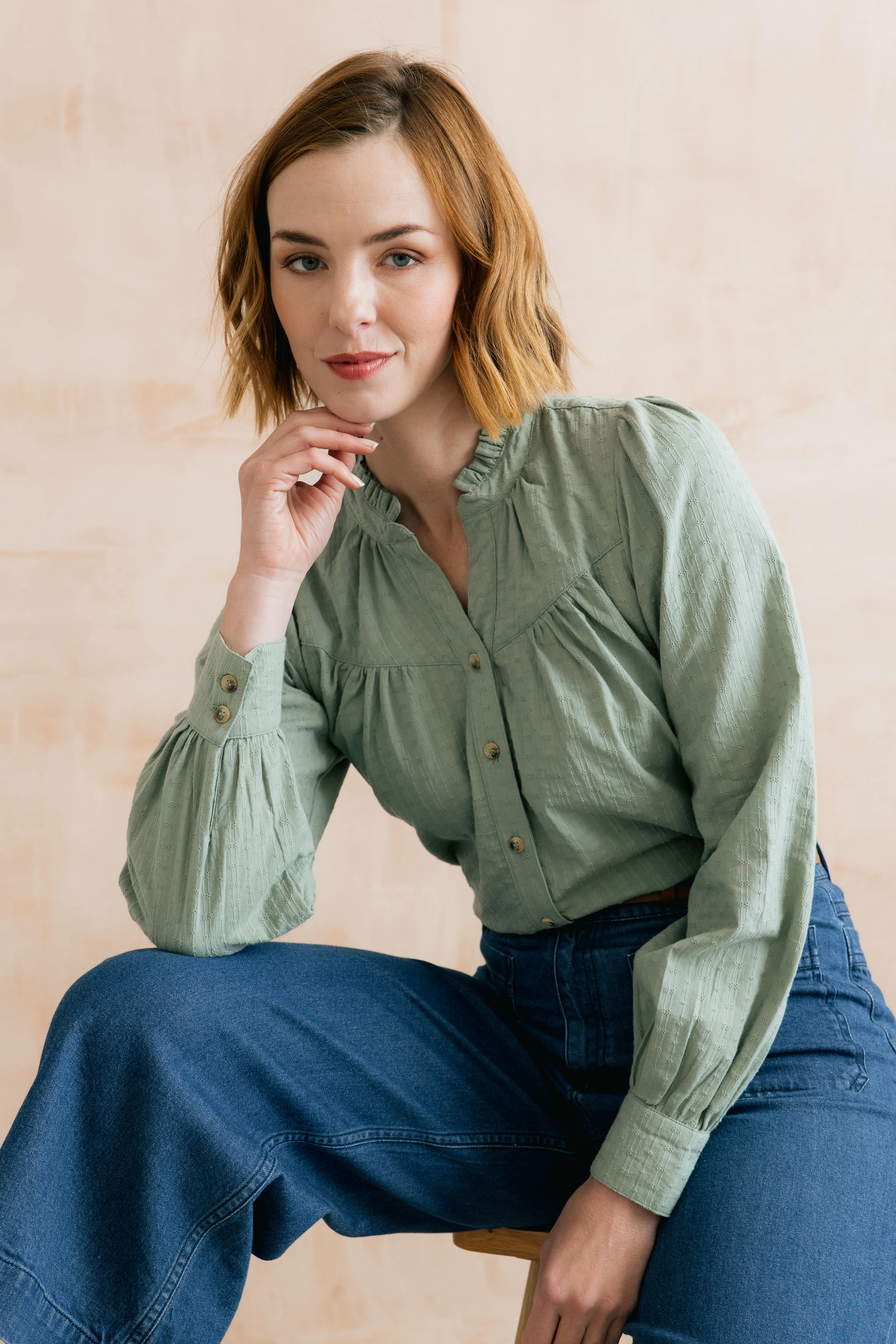 Wayfaring Embroidered Cotton Blouse Silver Sage - Image 6