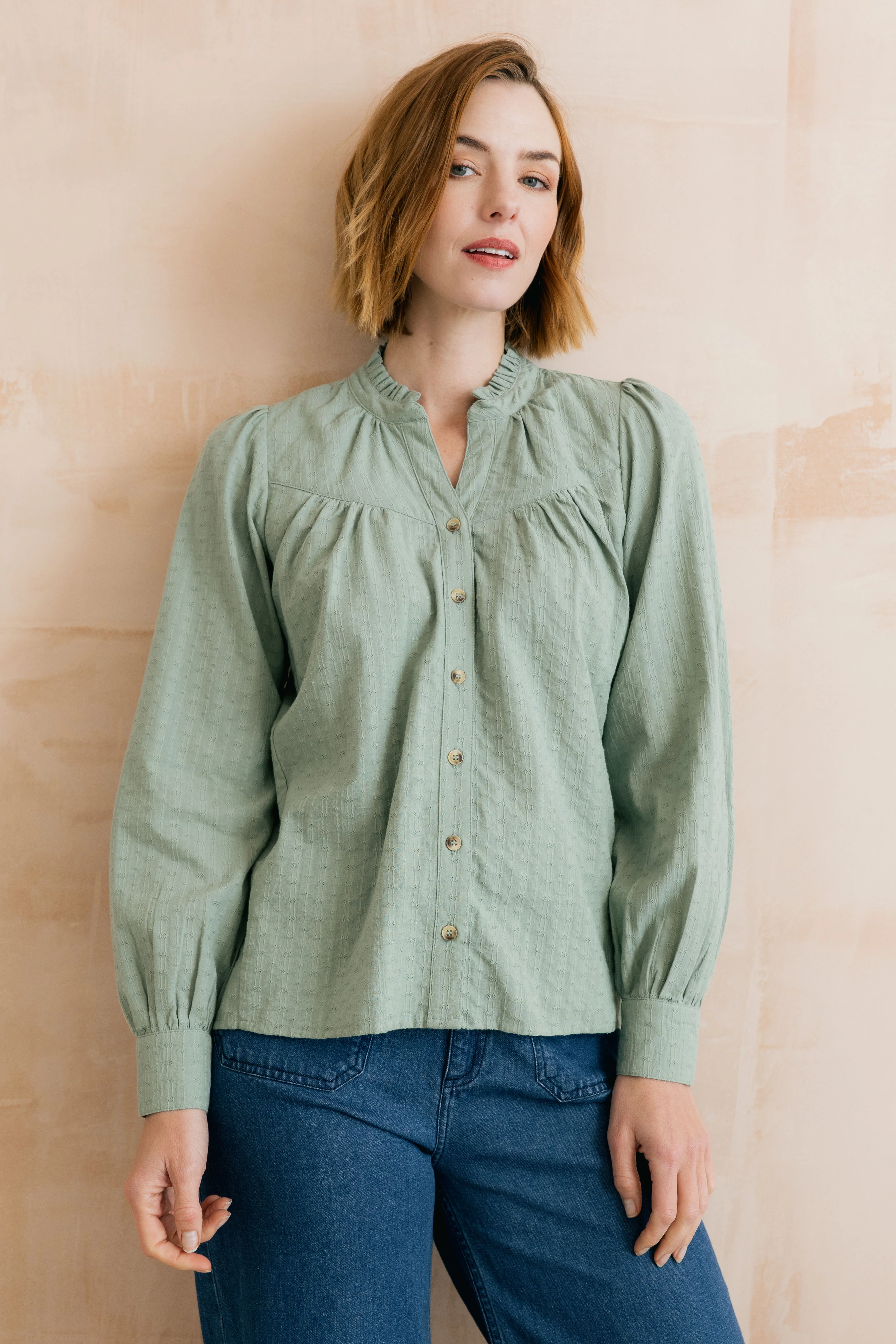 Wayfaring Embroidered Cotton Blouse Silver Sage - Image 8