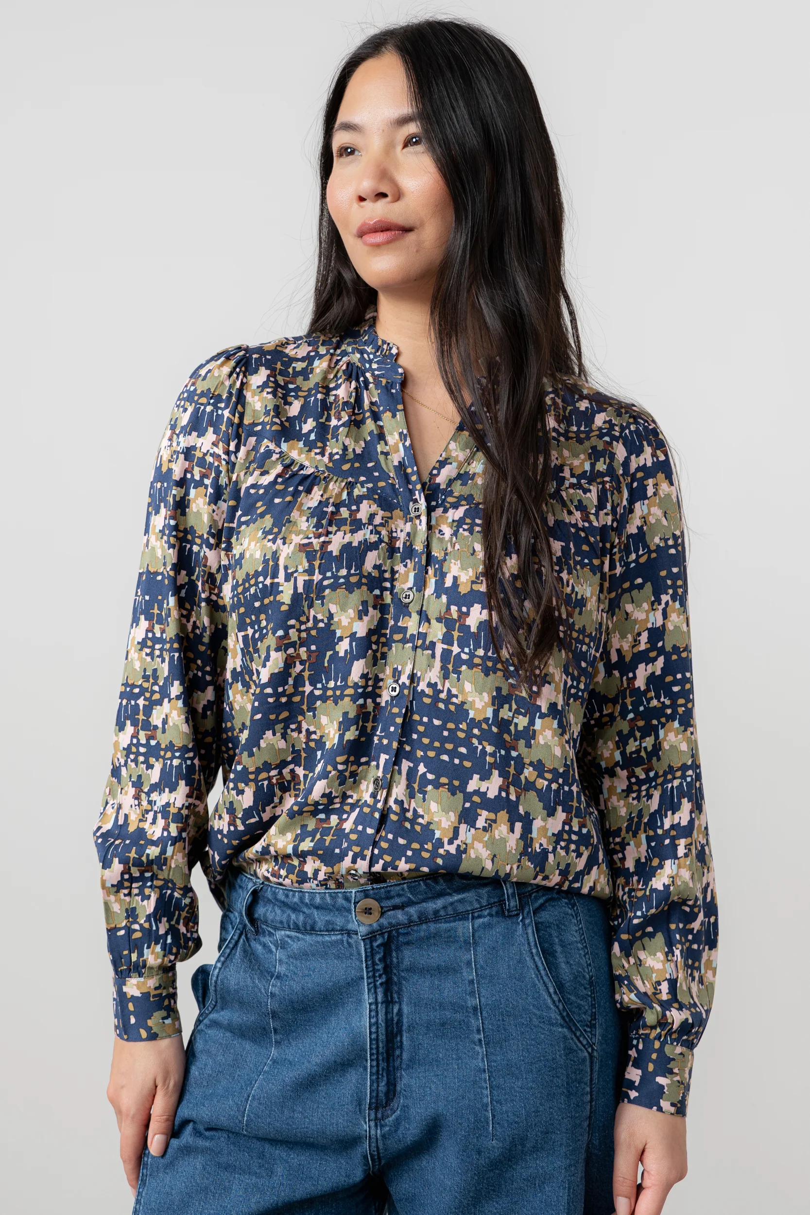 Wayfaring Frill Neck Blouse Navy - Image 3