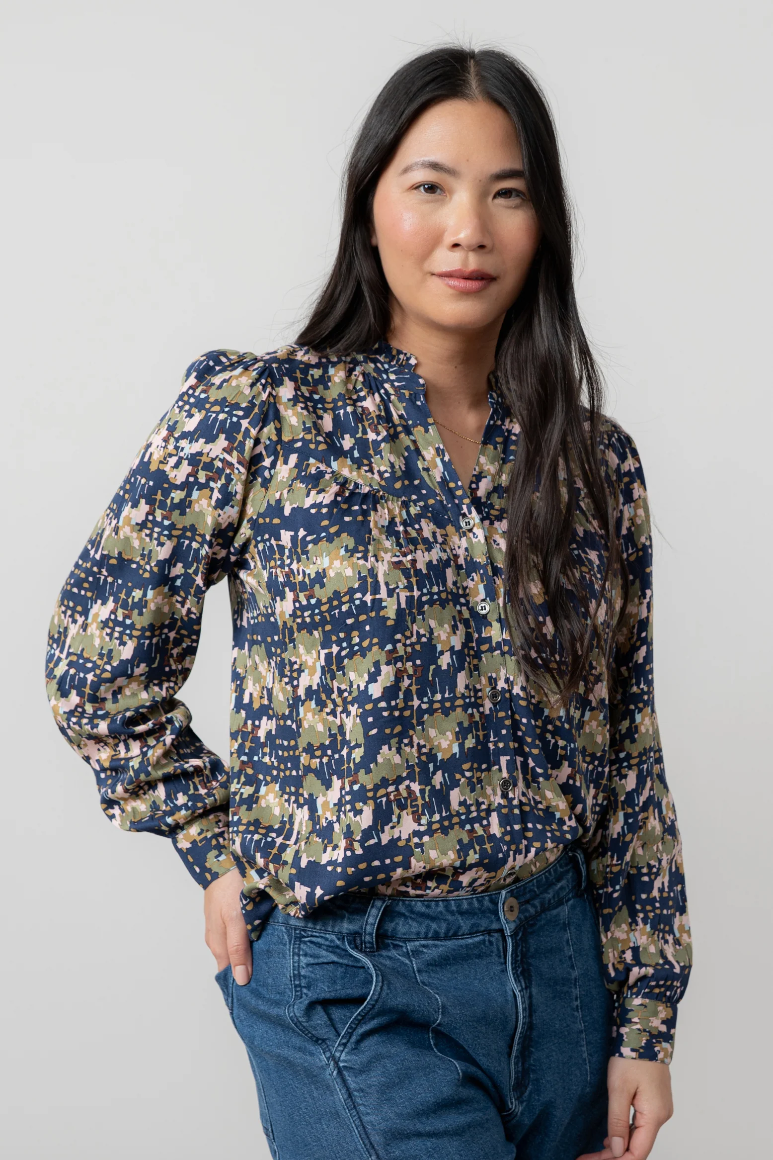 Wayfaring Frill Neck Blouse Navy - Image 5