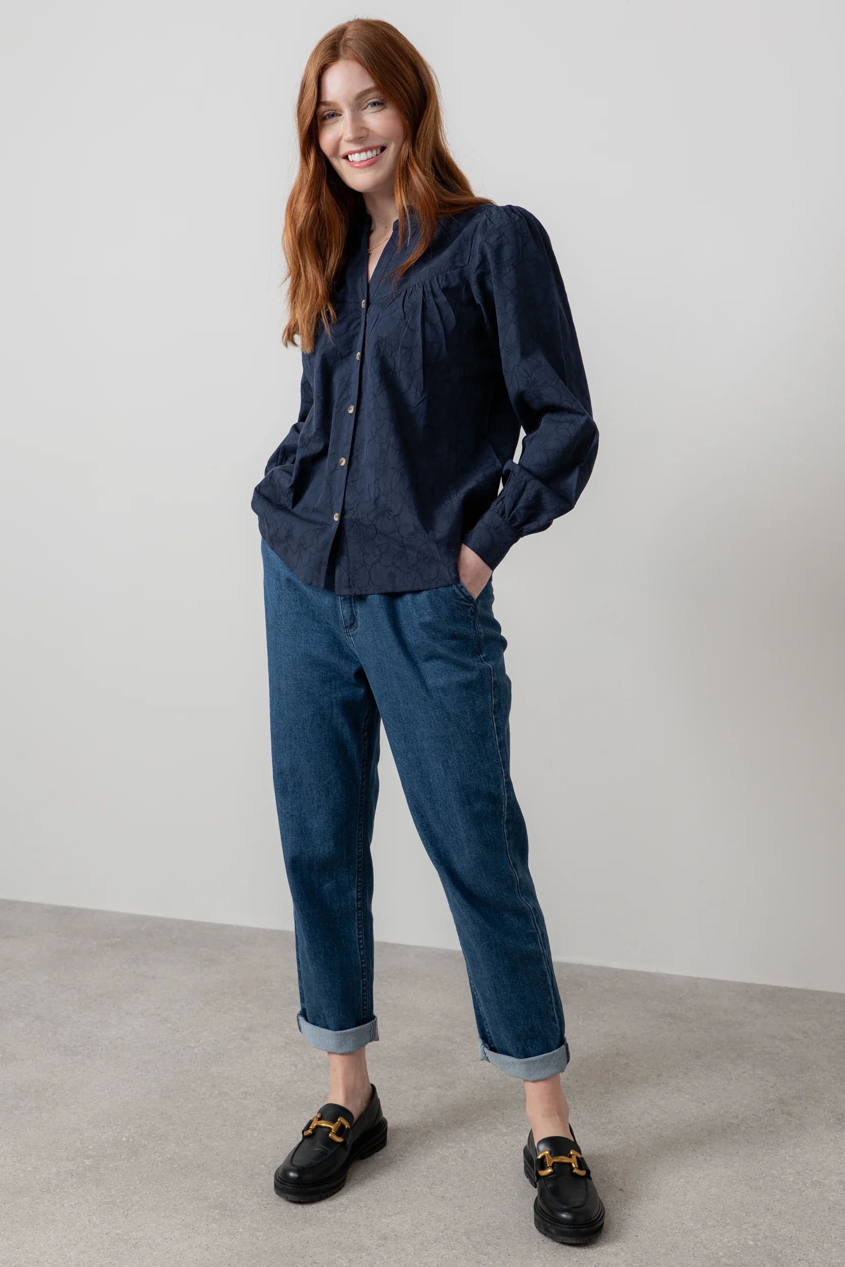 Wayfaring Textured Jacquard Blouse Navy - Image 3