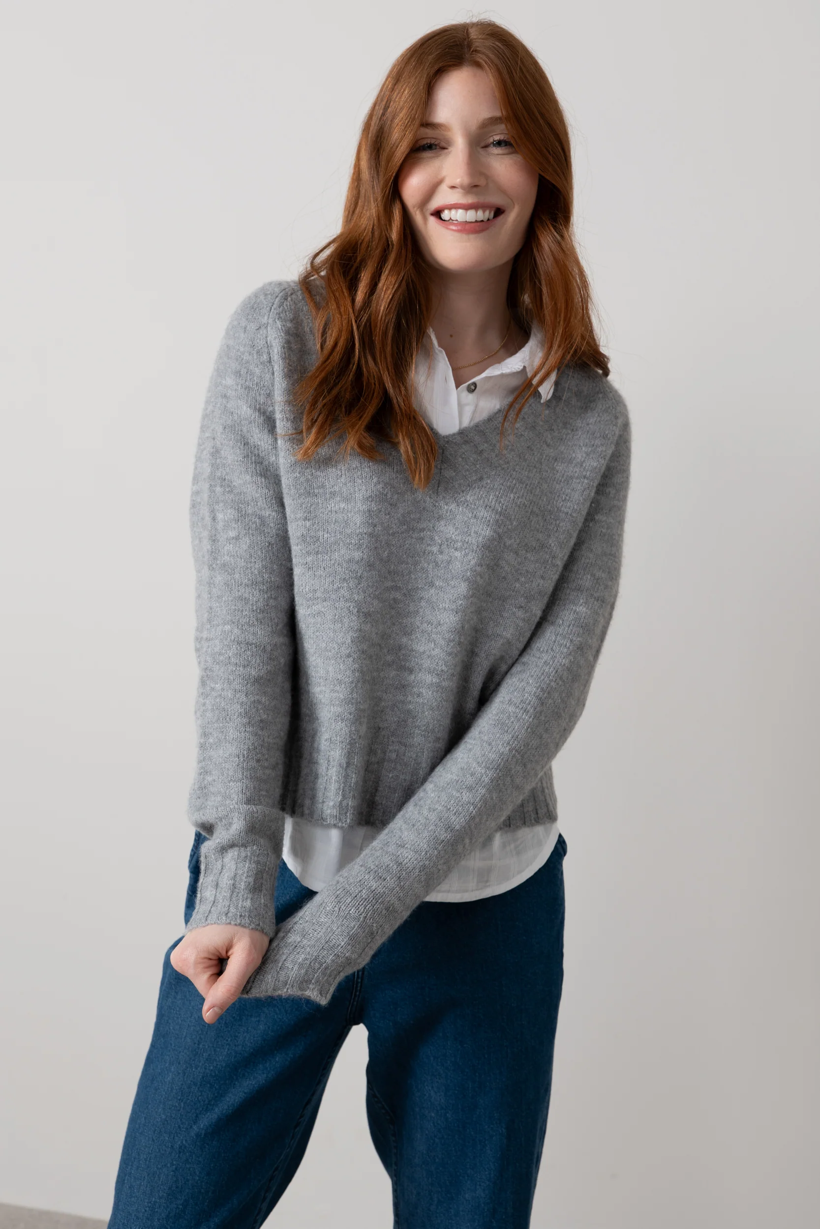 Woodchester V-Neck Boxy Knit Jumper Grey - Image 5