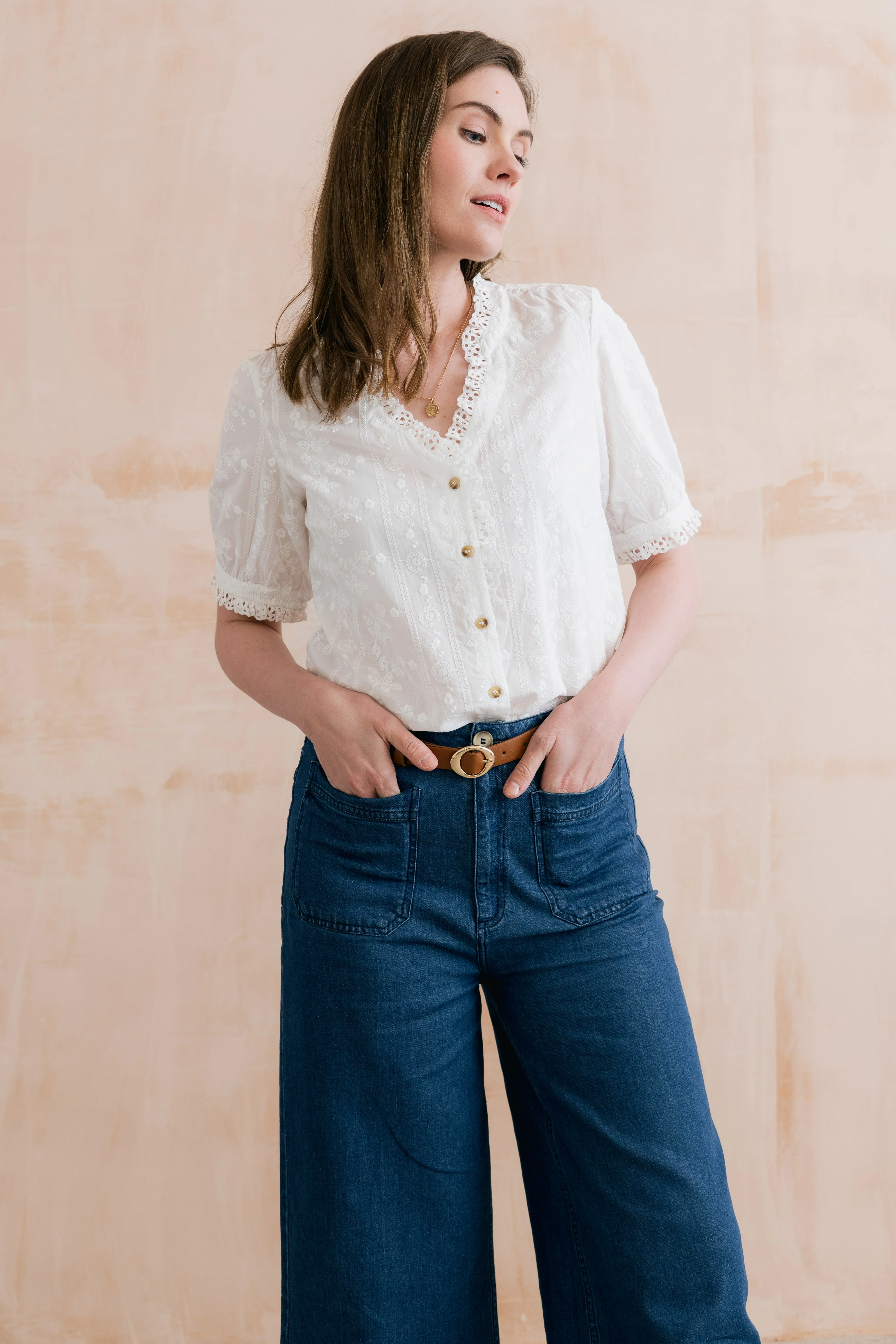 Wren Embroidered Cotton Frill Blouse White - Image 2