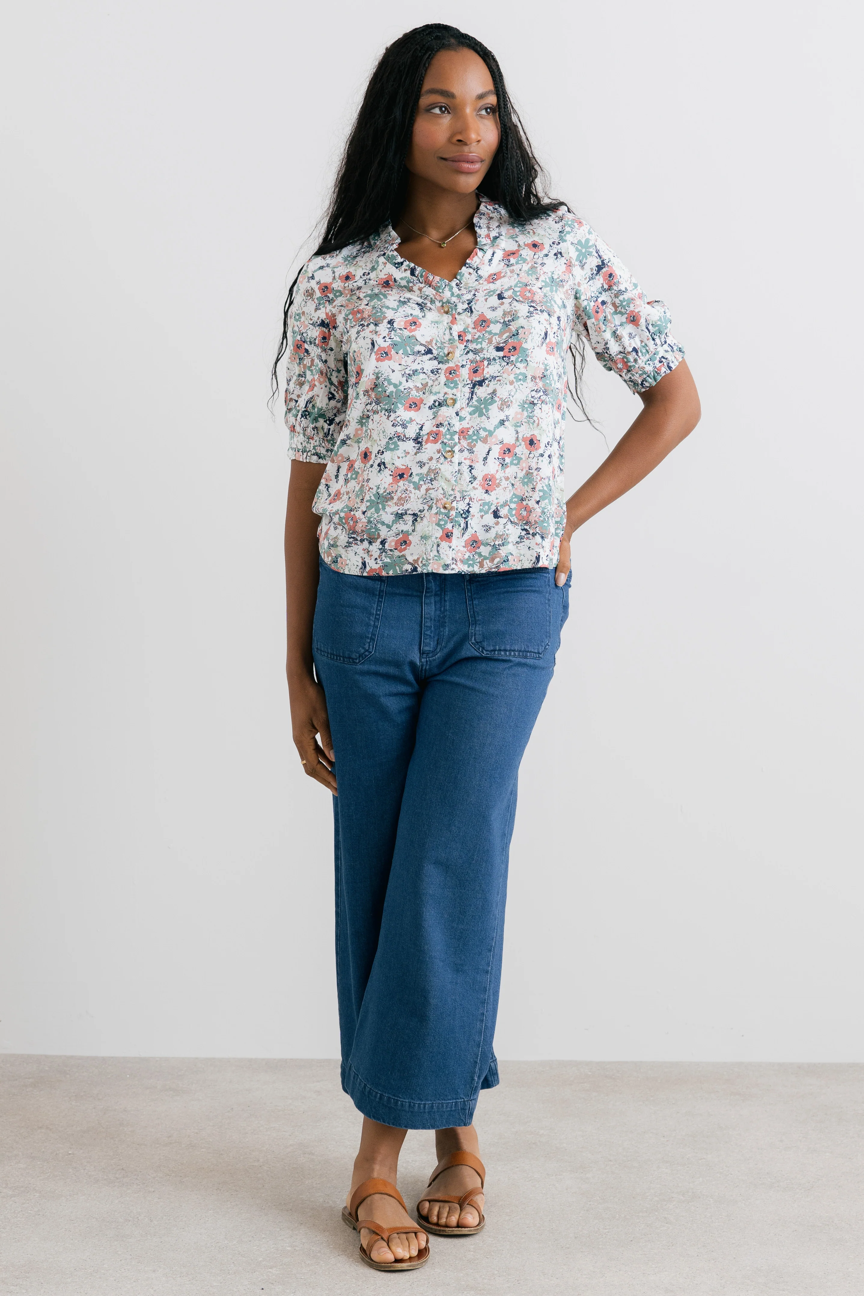 Wren Printed Frill Blouse Ecru - Image 3