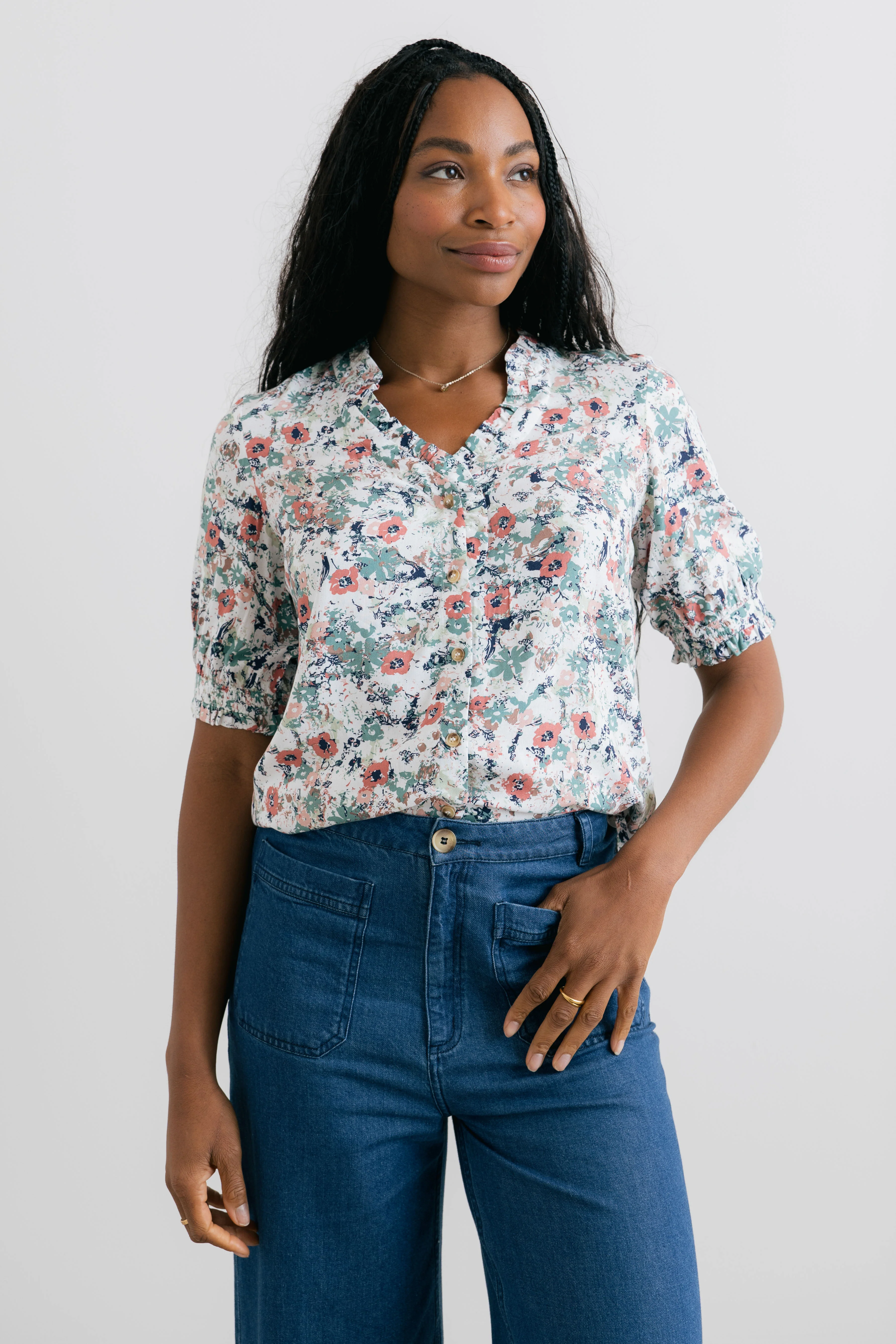 Wren Printed Frill Blouse Ecru - Image 5