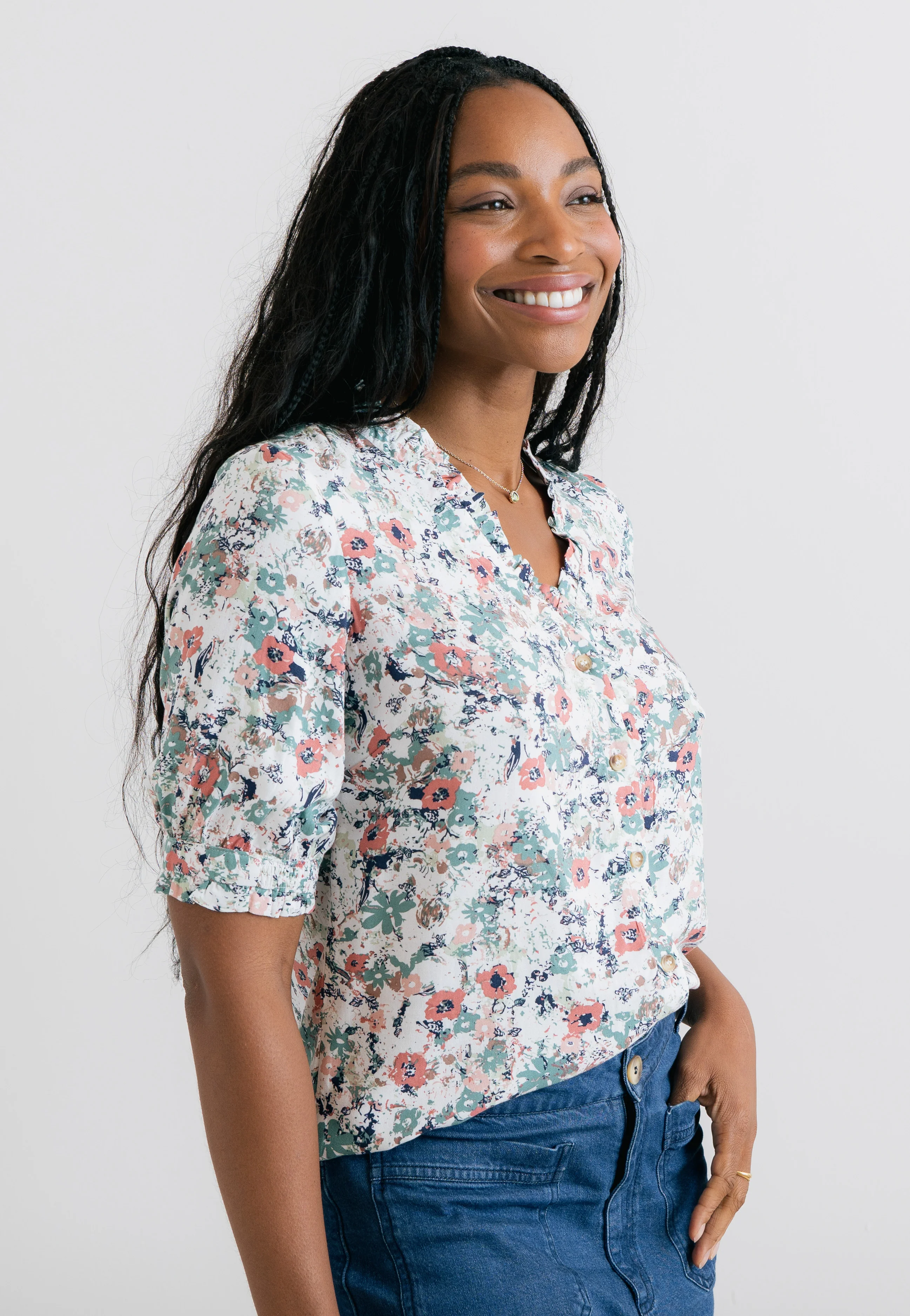 Wren Printed Frill Blouse Ecru - Image 6