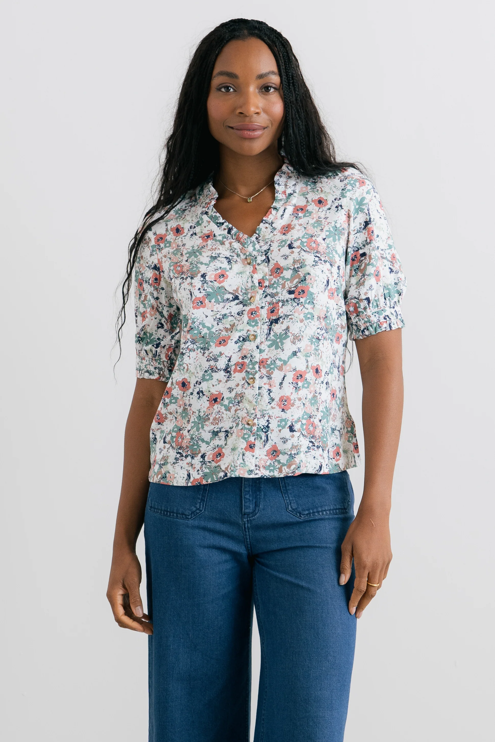 Wren Printed Frill Blouse Ecru - Image 7